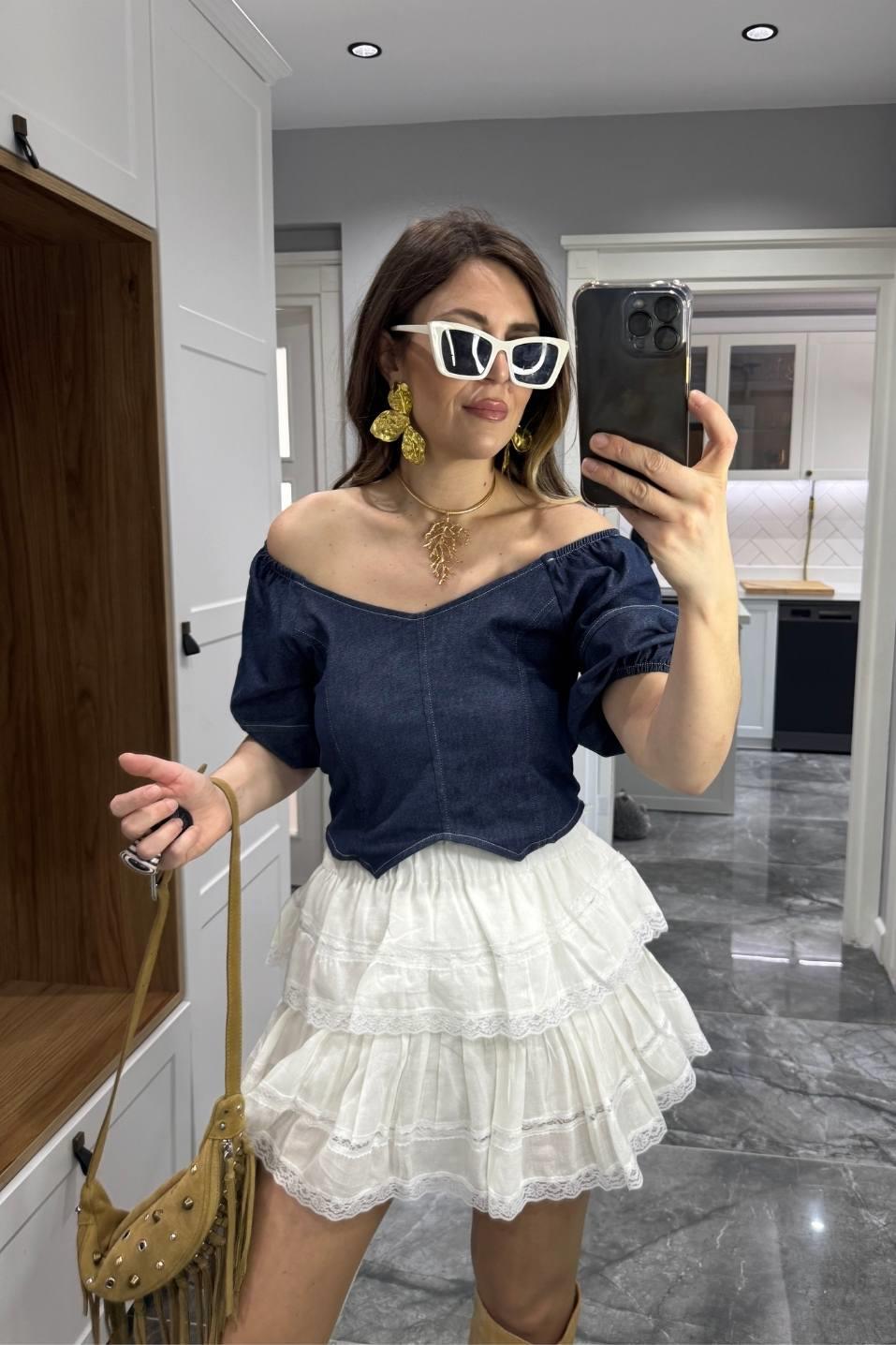 Balon Kol Sırt Lastikli Denim Bluz Lacivert