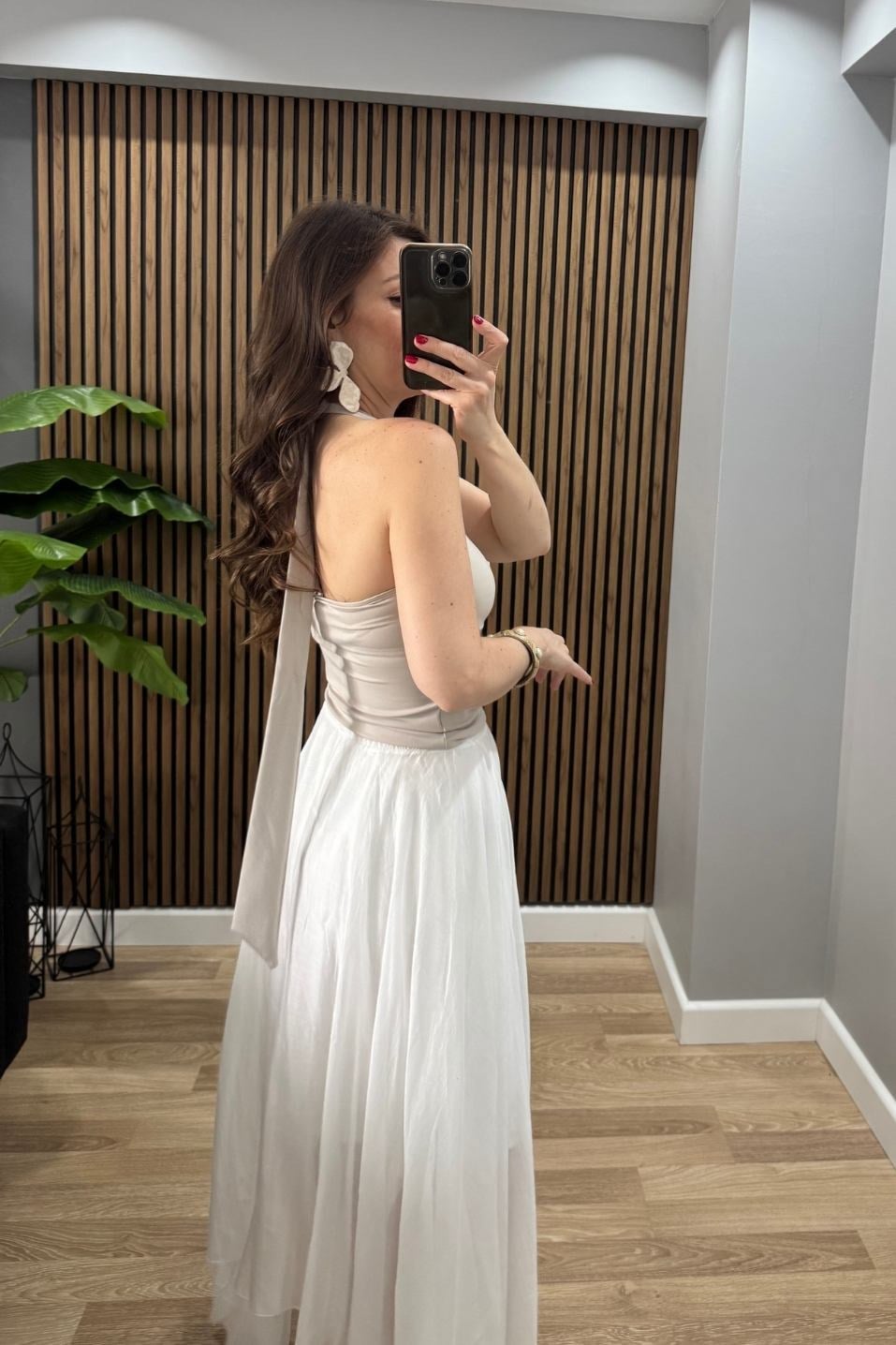 Boyun Bağlamalı Halter Crop Bluz Bej