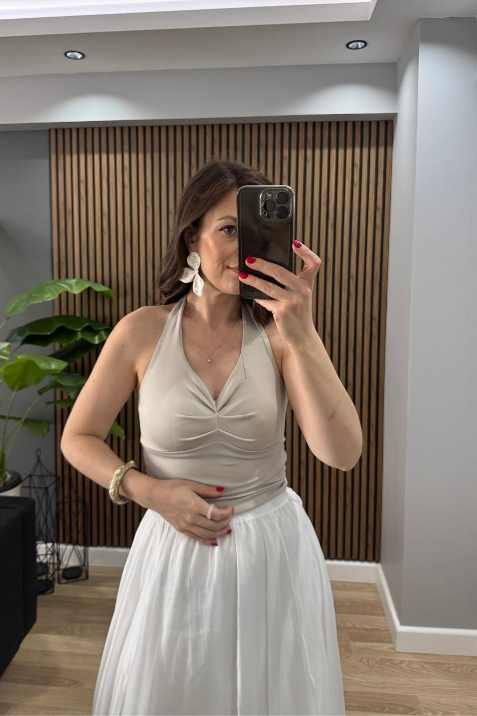 Boyun Bağlamalı Halter Crop Bluz Bej