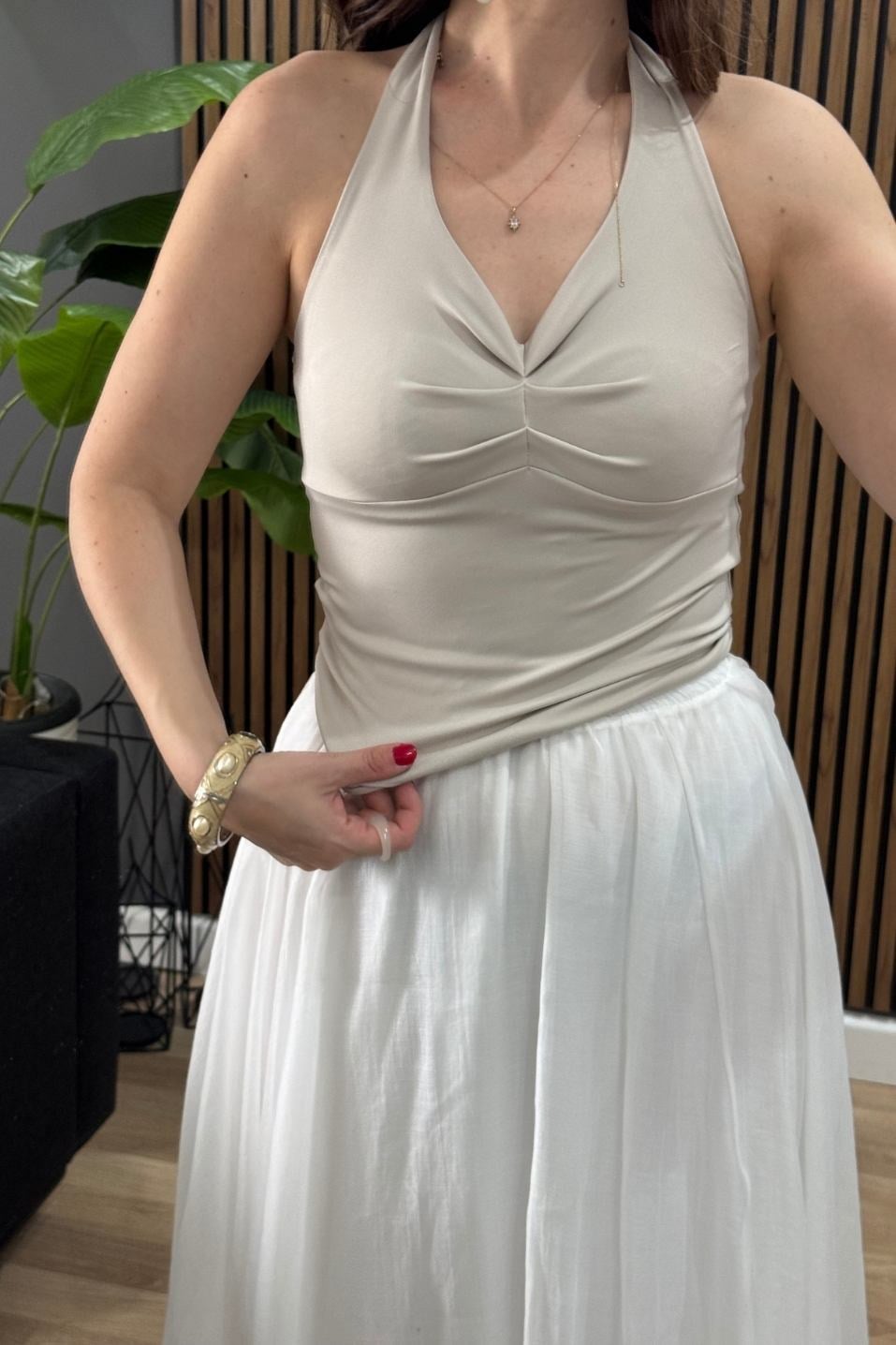 Boyun Bağlamalı Halter Crop Bluz Bej