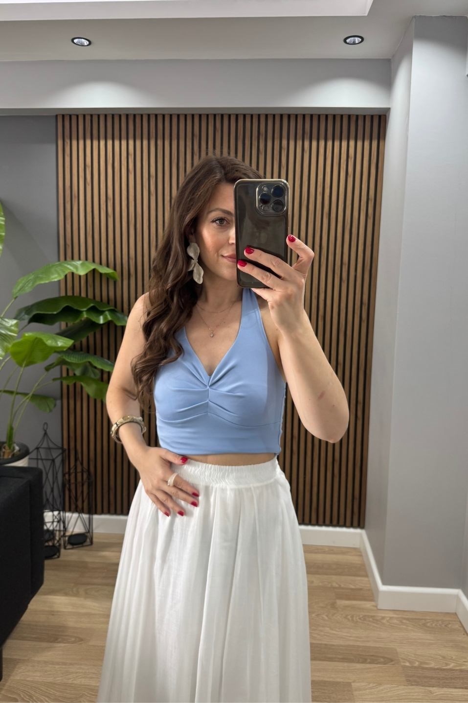 Boyun Bağlamalı Halter Crop Bluz Bebe Mavi