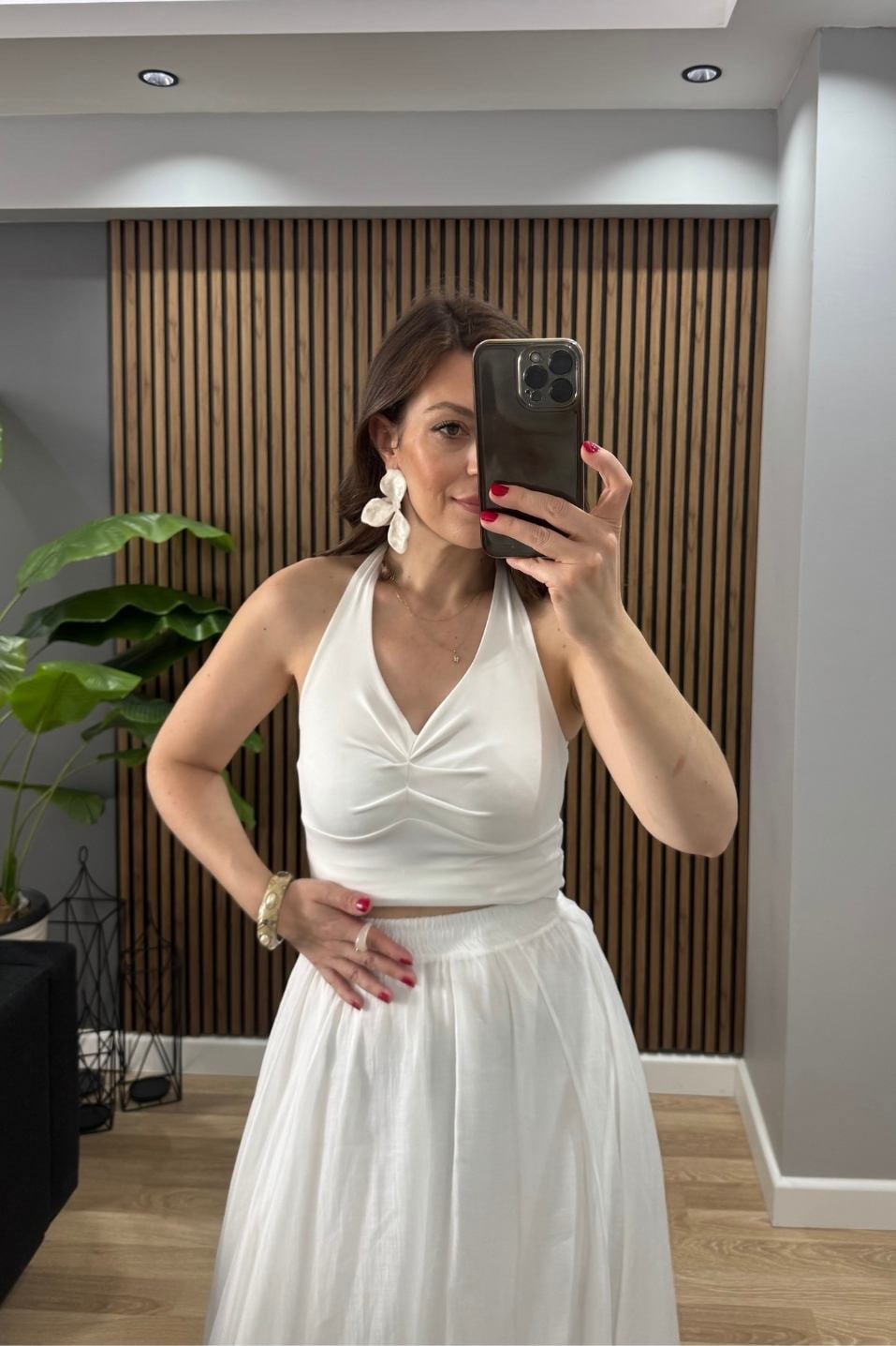 Boyun Bağlamalı Halter Crop Bluz Ekru