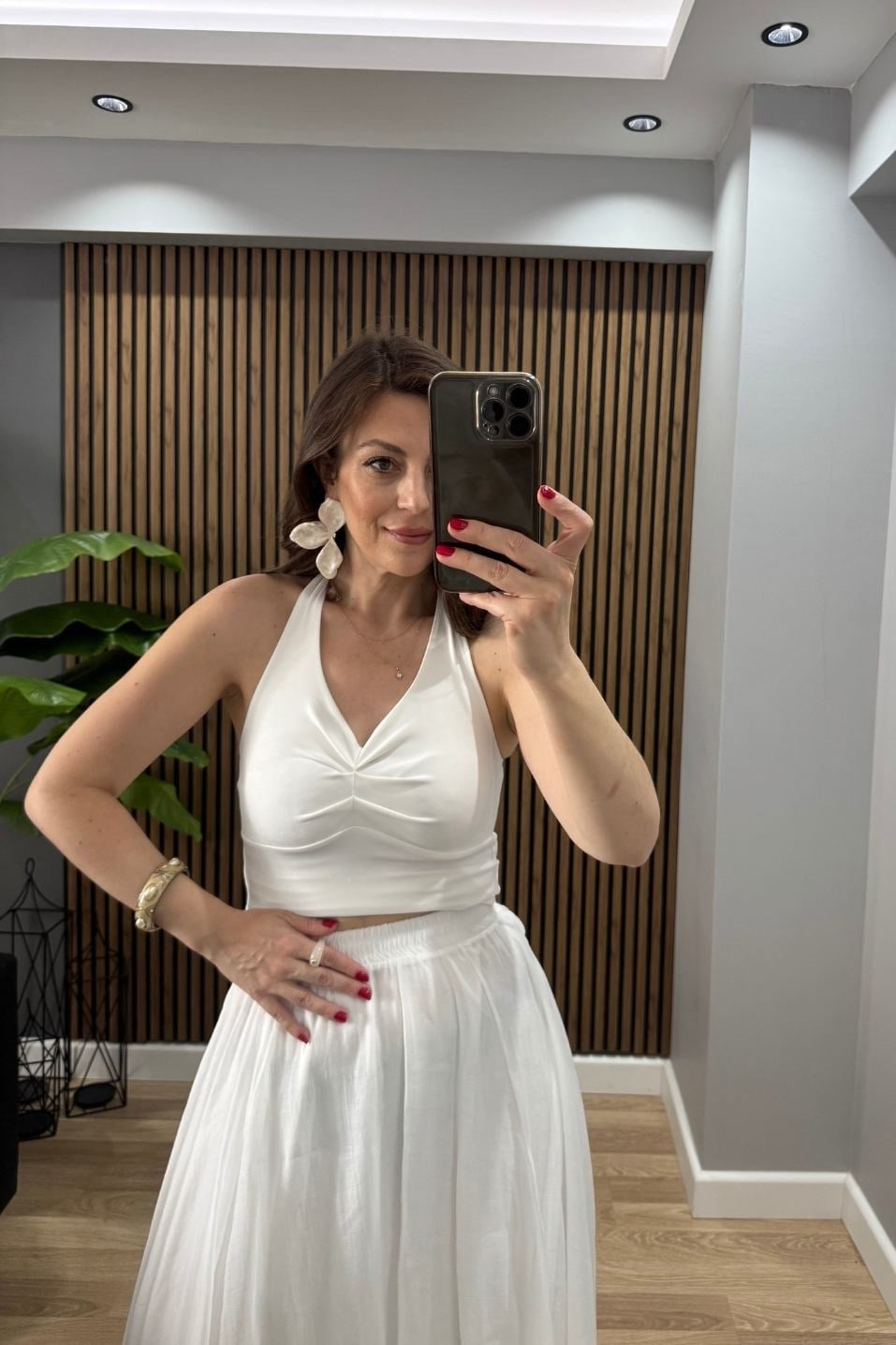 Boyun Bağlamalı Halter Crop Bluz Ekru