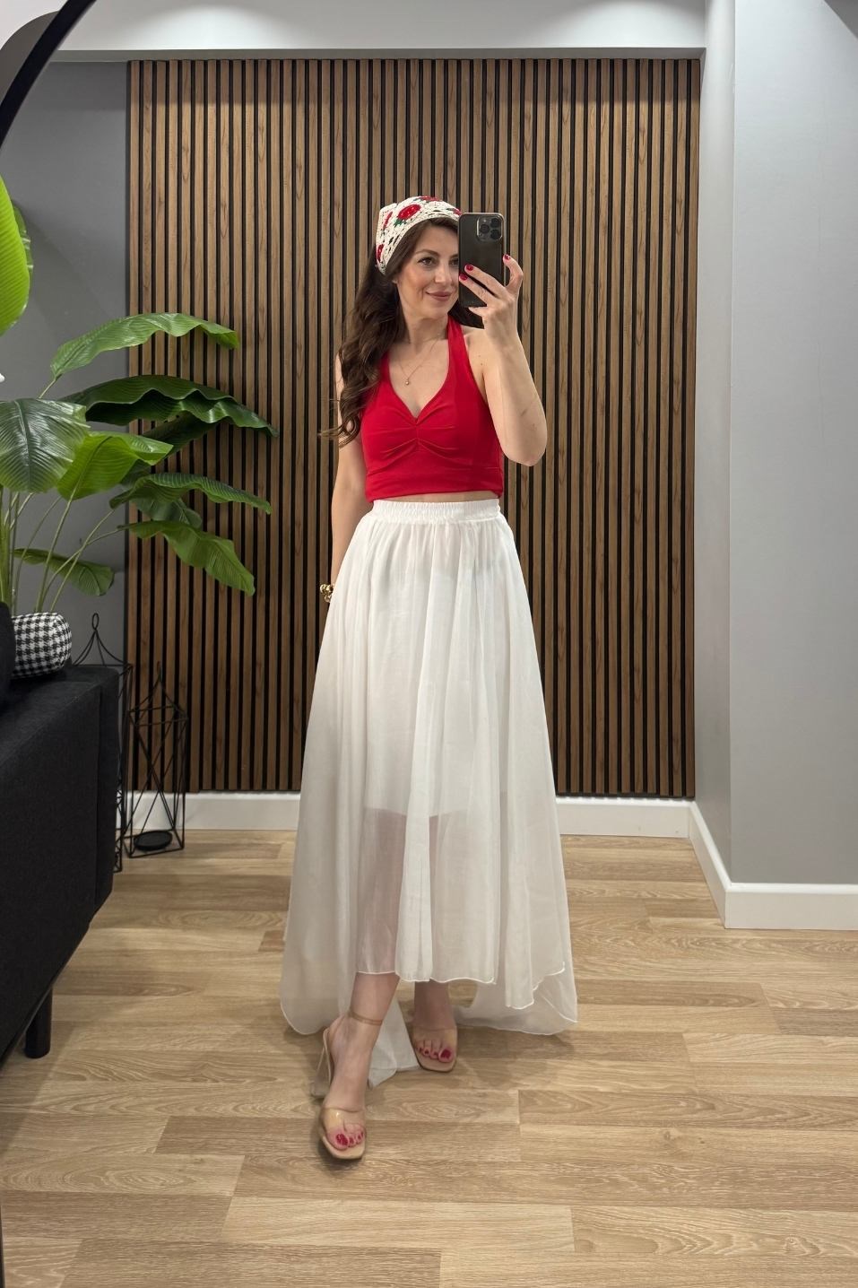 Boyun Bağlamalı Halter Crop Bluz Kırmızı