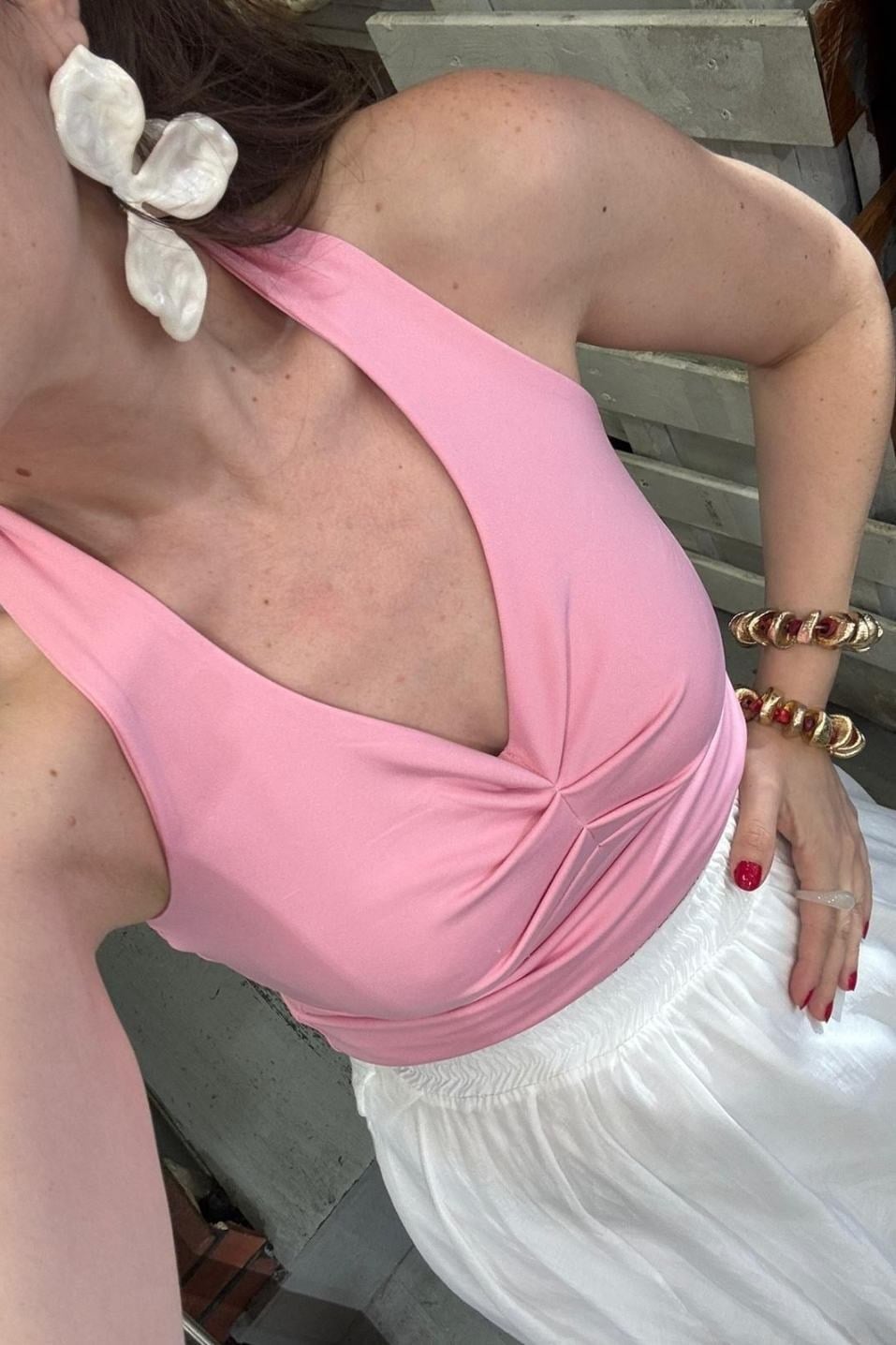 Boyun Bağlamalı Halter Crop Bluz Pembe