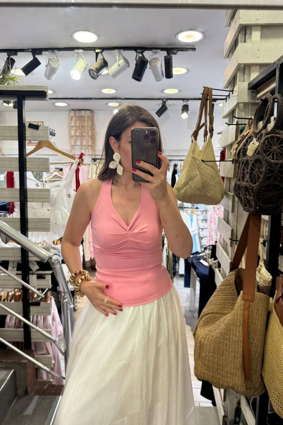 Boyun Bağlamalı Halter Crop Bluz Pembe