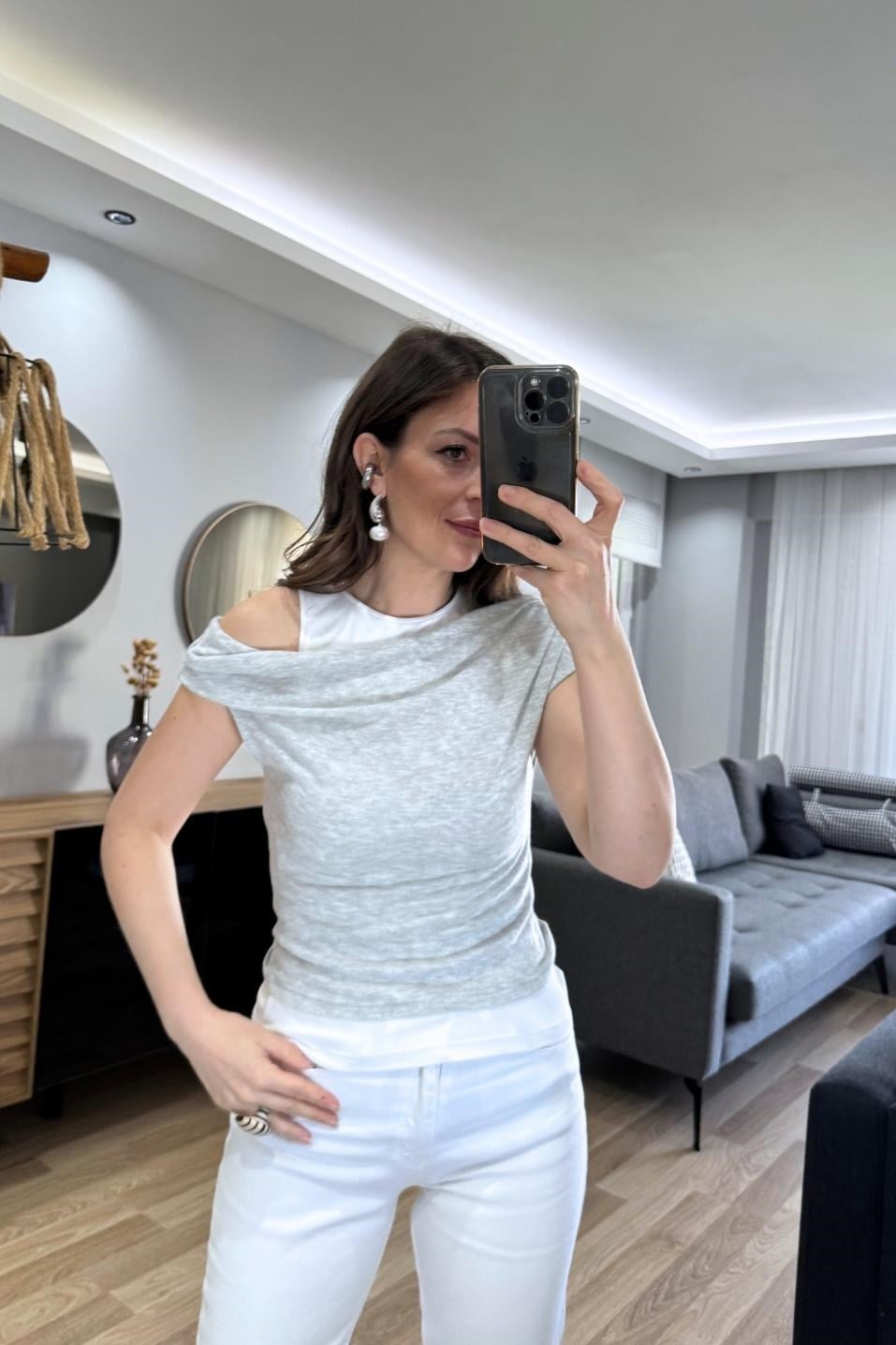 Çift Katlı Asimetrik Bluz Gri Melanj