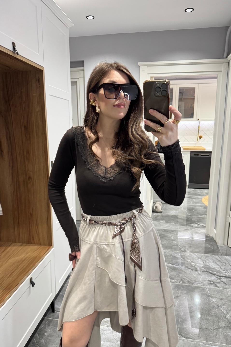 Dantel Detaylı Bluz Acı Kahve