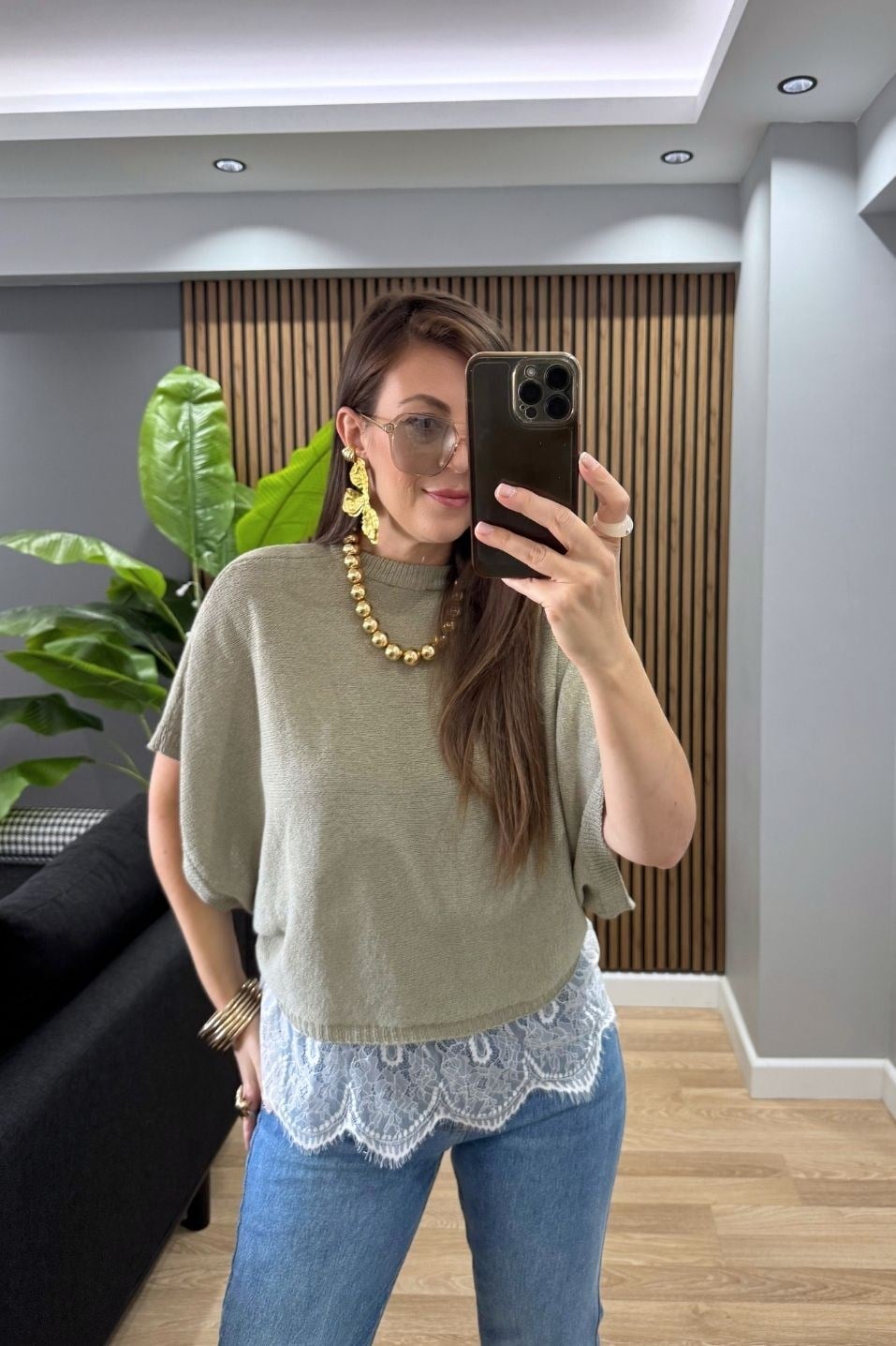 Elara Dantel Detaylı Triko Bluz Ada Çayı Yeşili