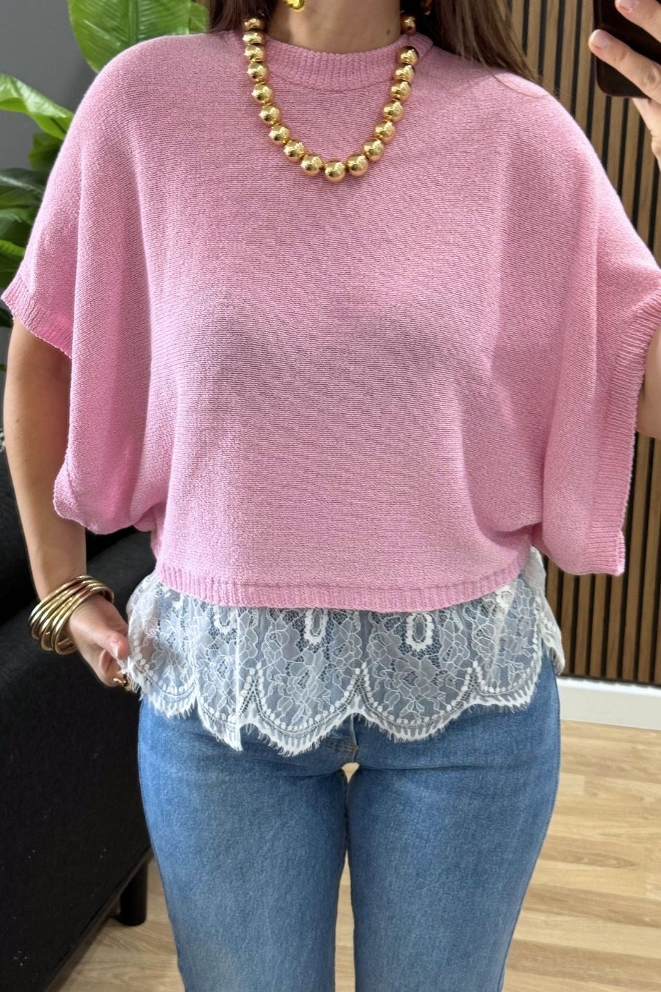 Elara Dantel Detaylı Triko Bluz Pembe