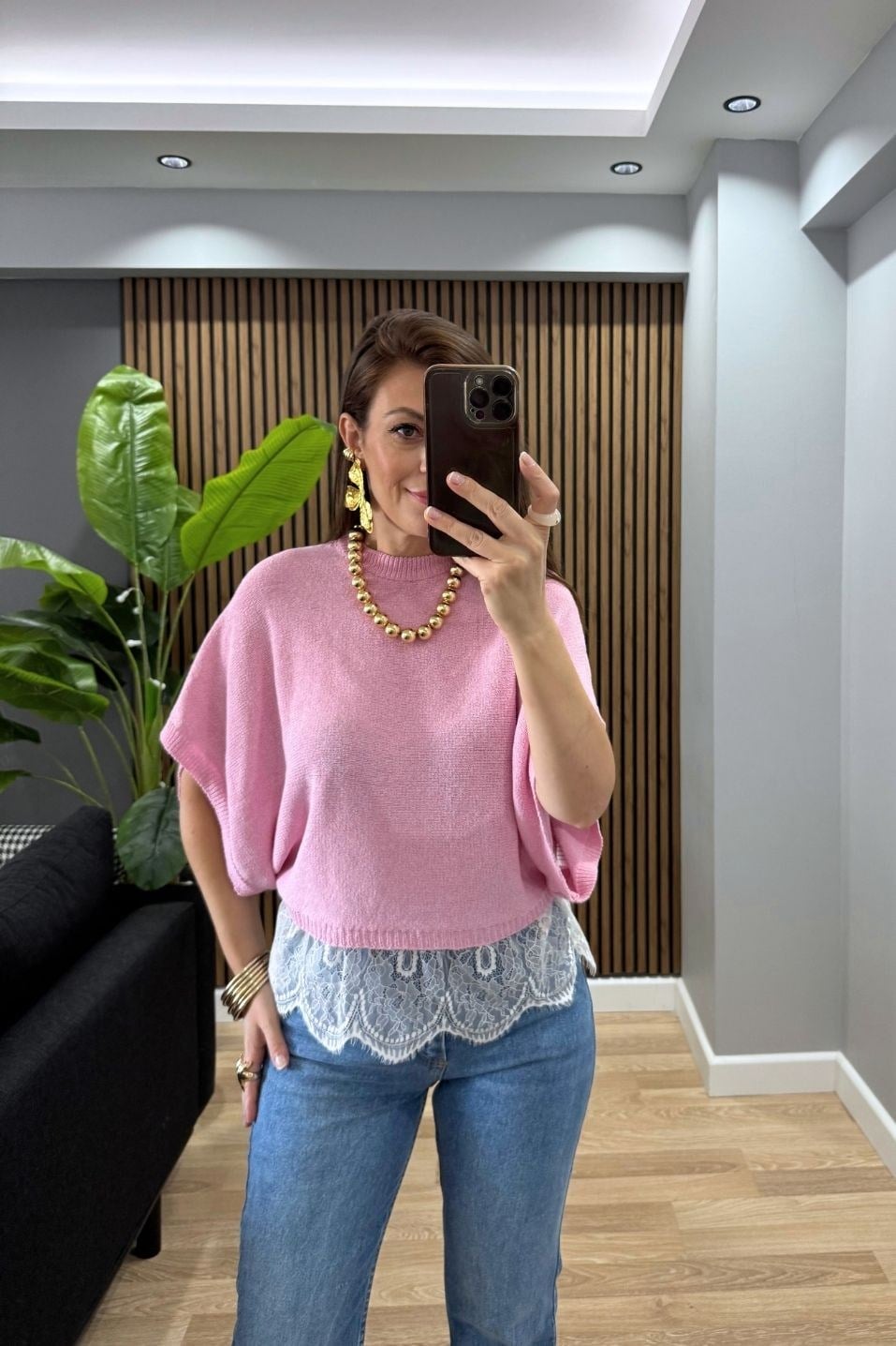 Elara Dantel Detaylı Triko Bluz Pembe