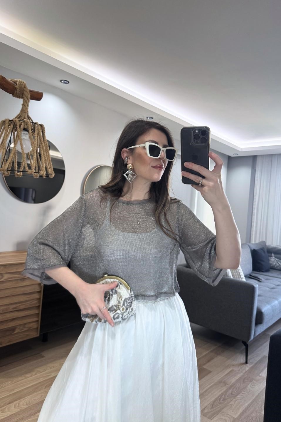 Elara Işıltılı Bluz Gümüş