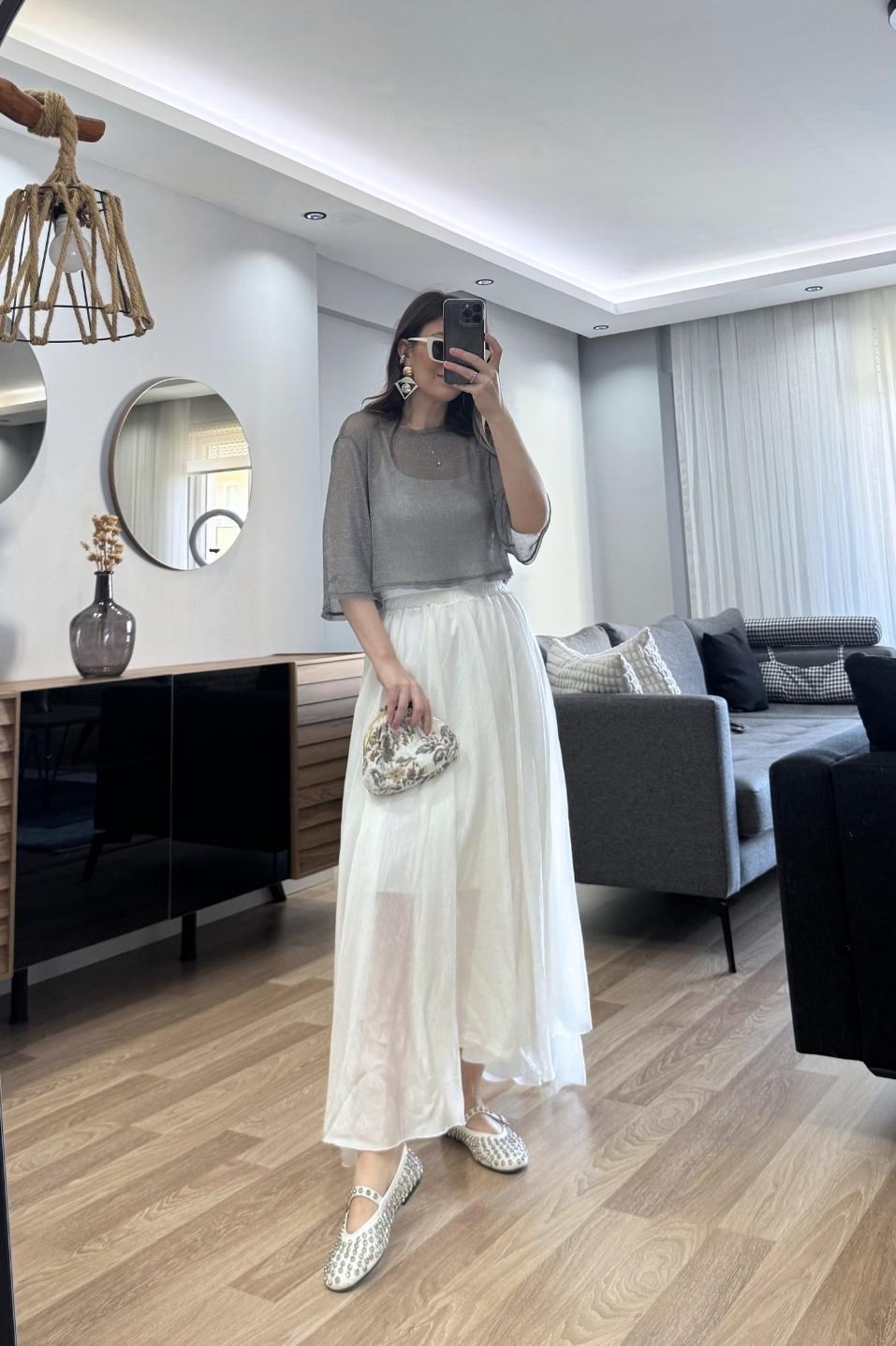 Elara Işıltılı Bluz Gümüş