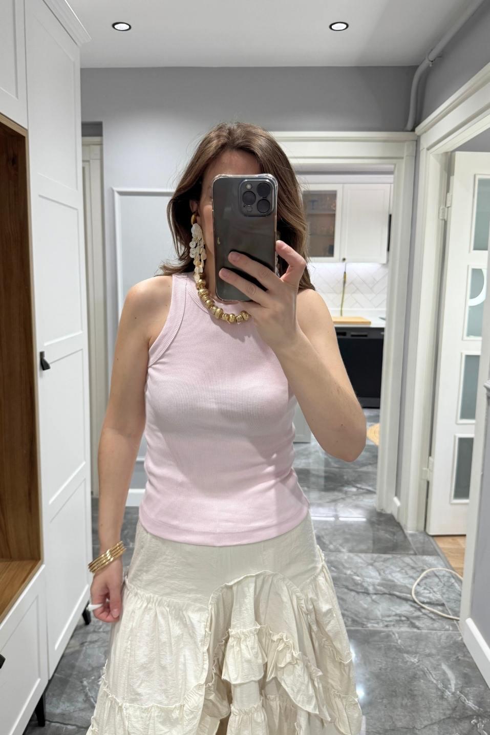Fitilli Halter Yaka Atlet Bluz Şeker Pembe