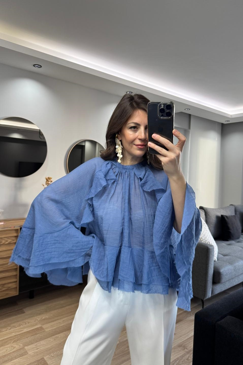 BluzLiora Fırfır Detaylı Transparan Bluz İndigo