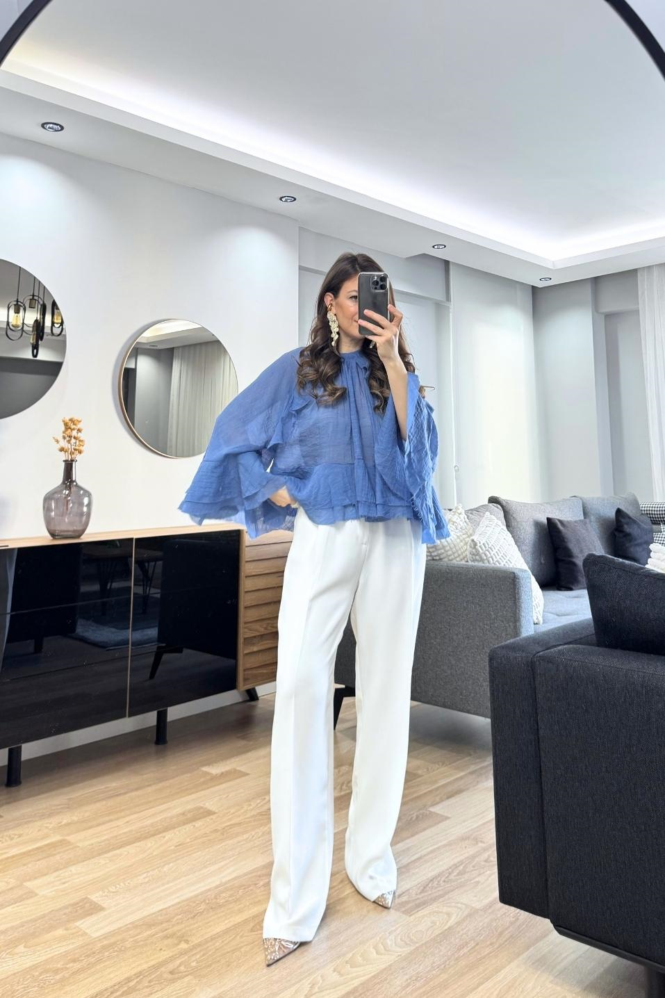 Liora Fırfır Detaylı Transparan Bluz İndigo