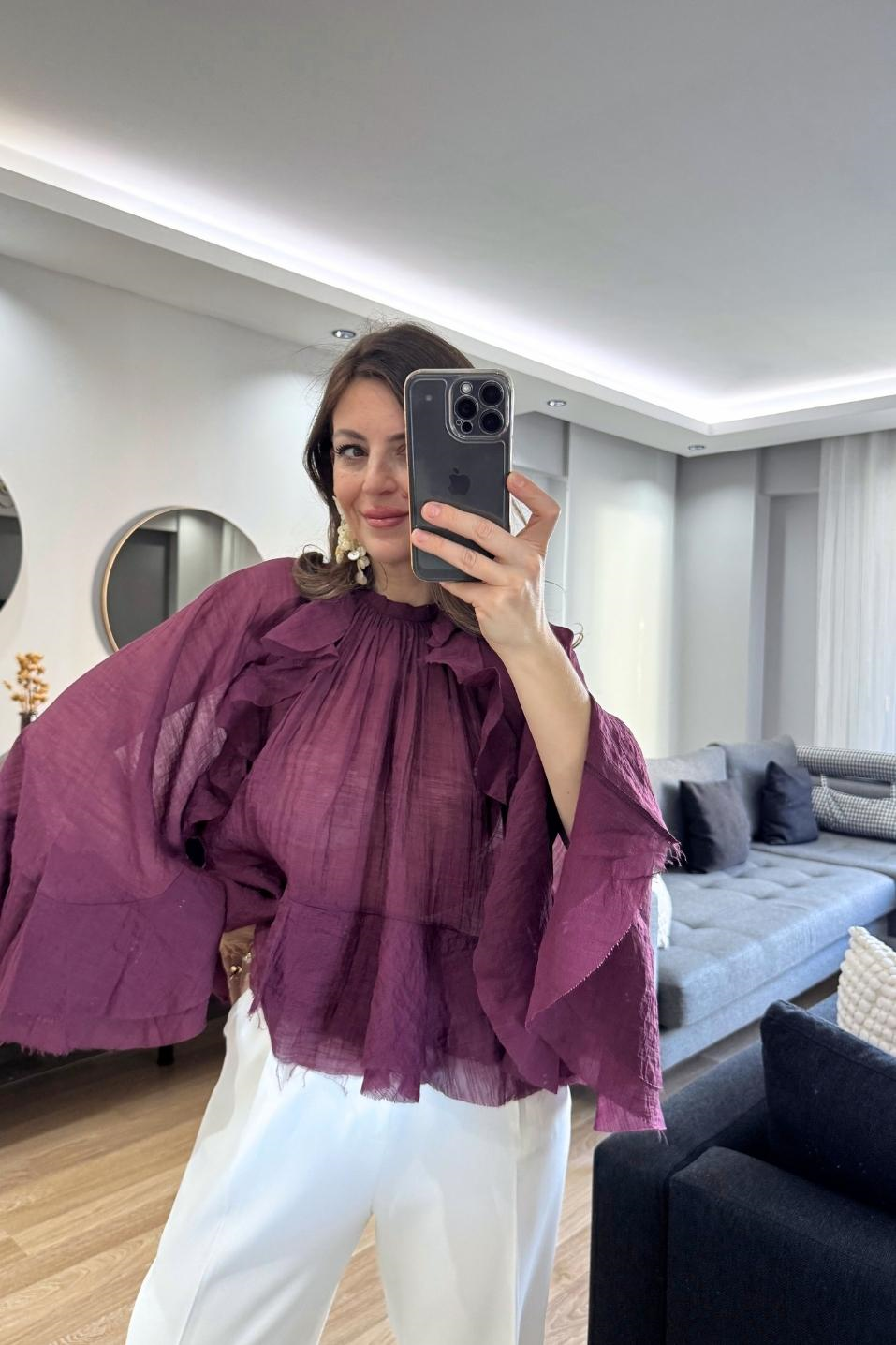 Liora Fırfır Detaylı Transparan Bluz Mürdüm