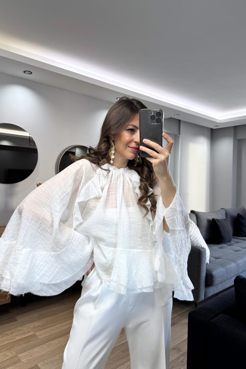 Liora Fırfır Detaylı Transparan Bluz Beyaz