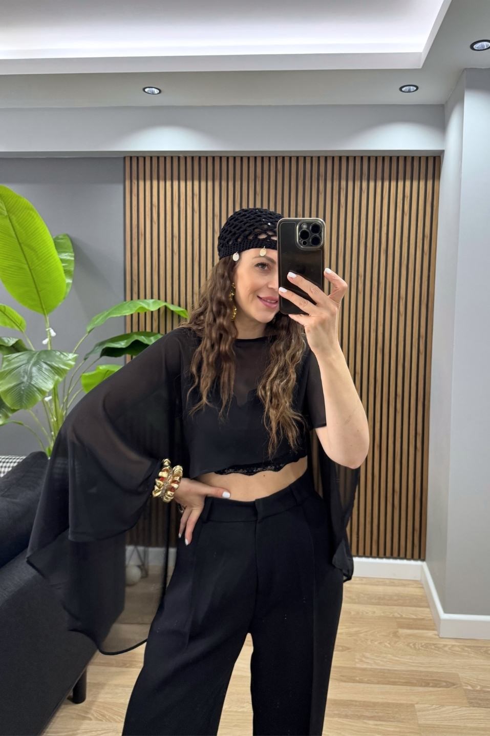 Liora Transparan Şifon Pareo Bluz Siyah