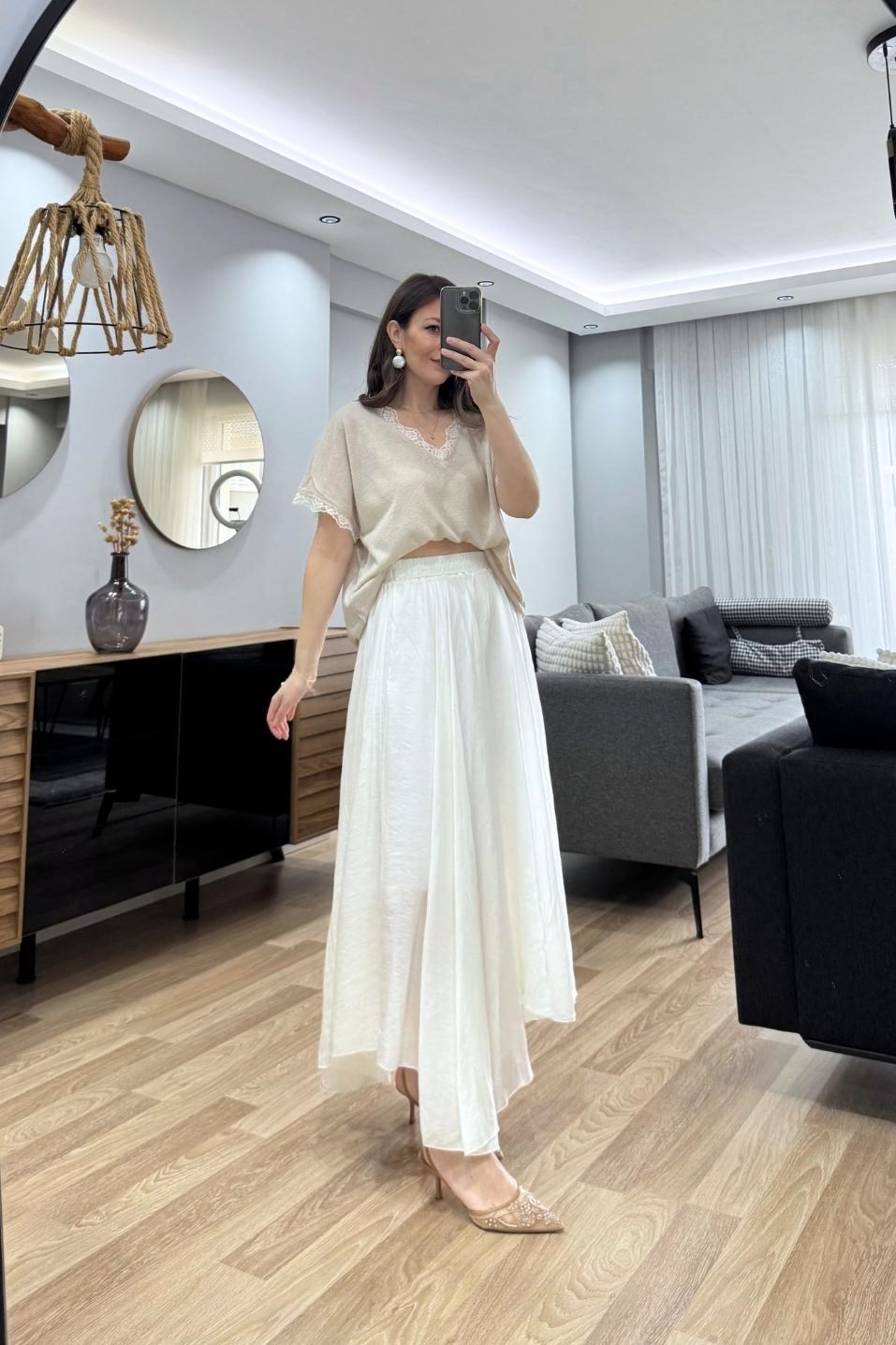 Mirelle Dantel Detaylı Bluz Açık Bej
