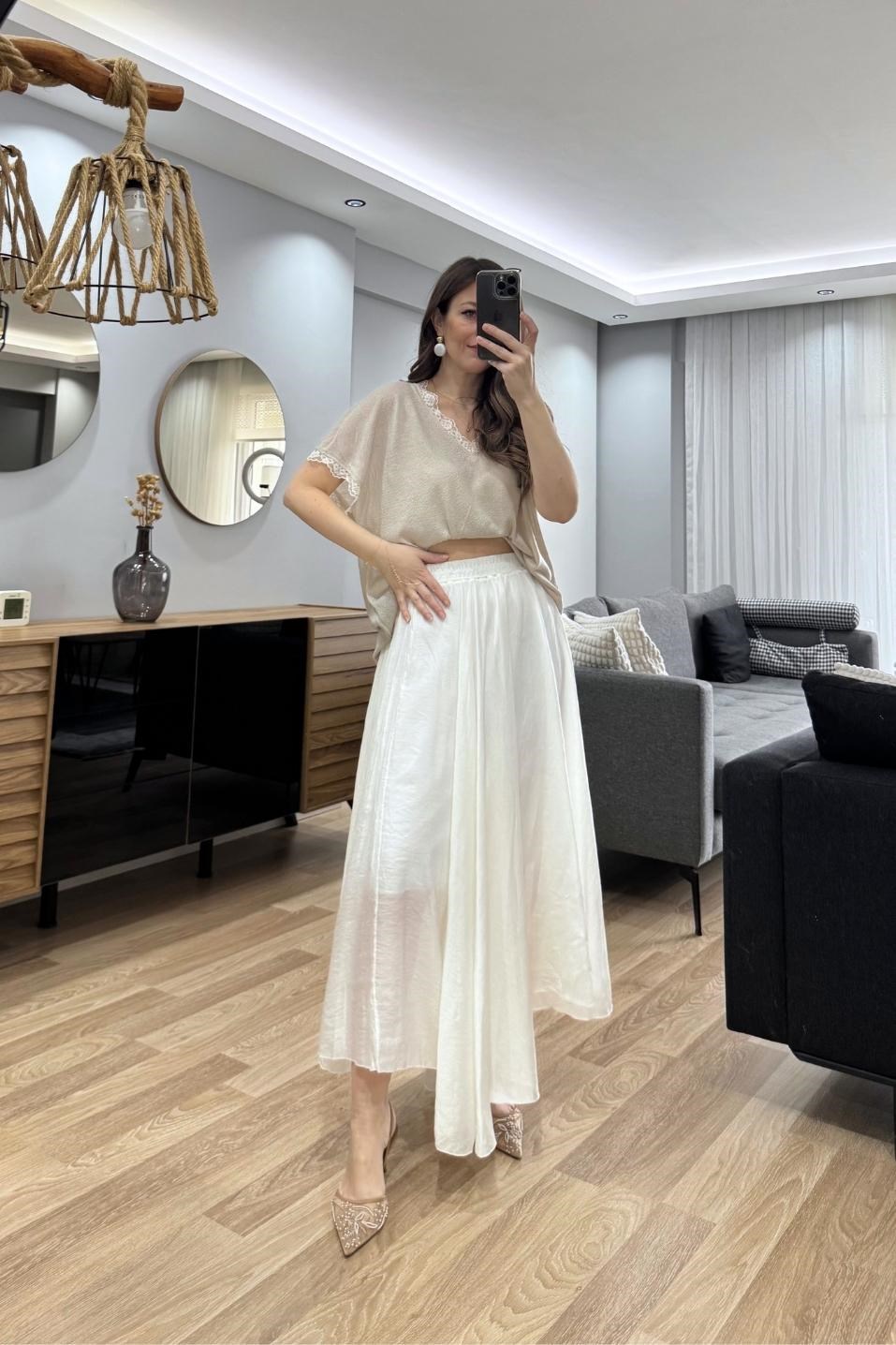 Mirelle Dantel Detaylı Bluz Açık Bej