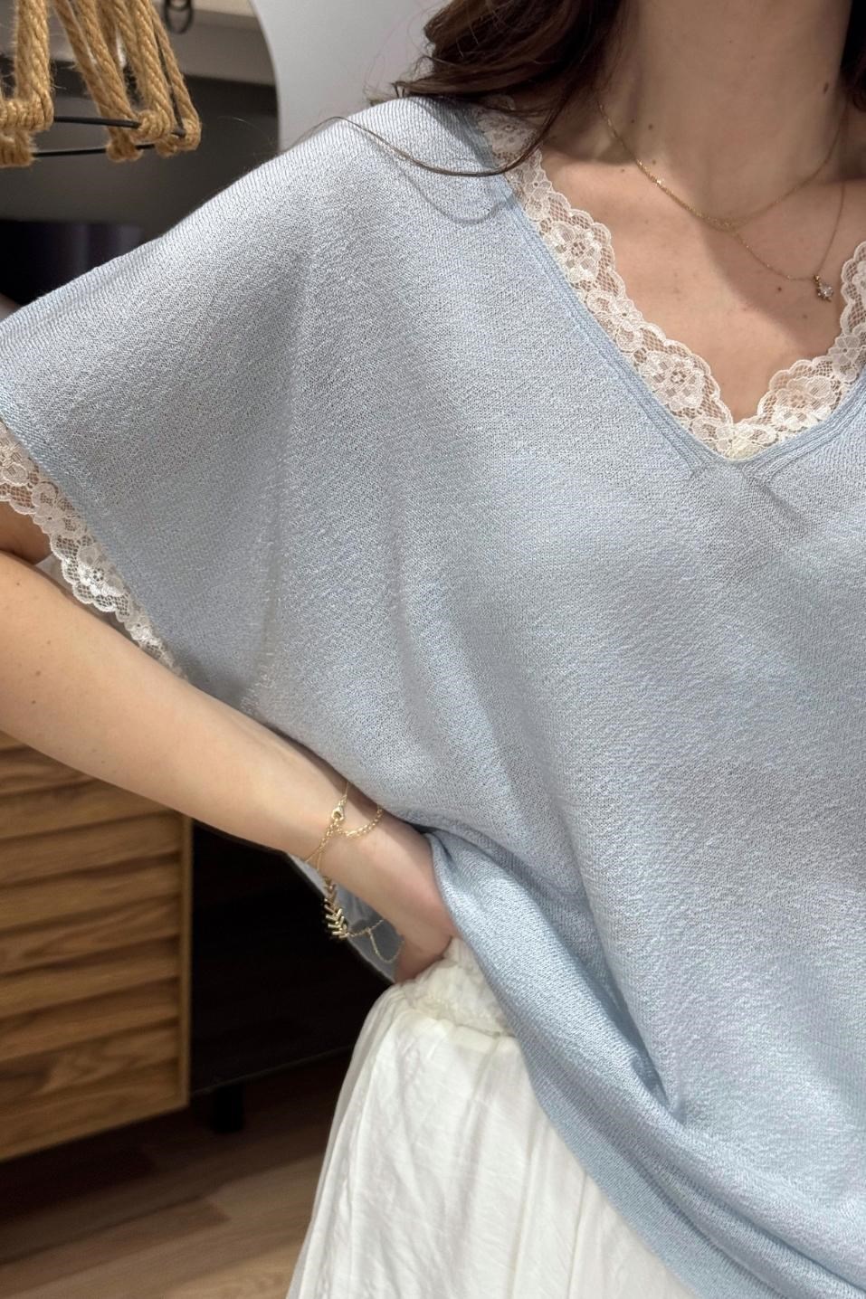 Mirelle Dantel Detaylı Bluz Mavi