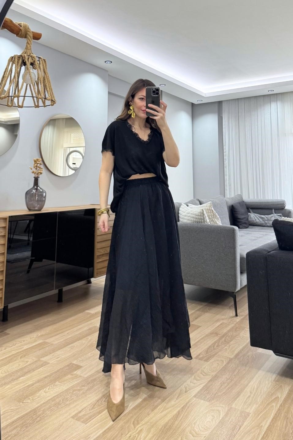 Mirelle Dantel Detaylı Bluz Siyah