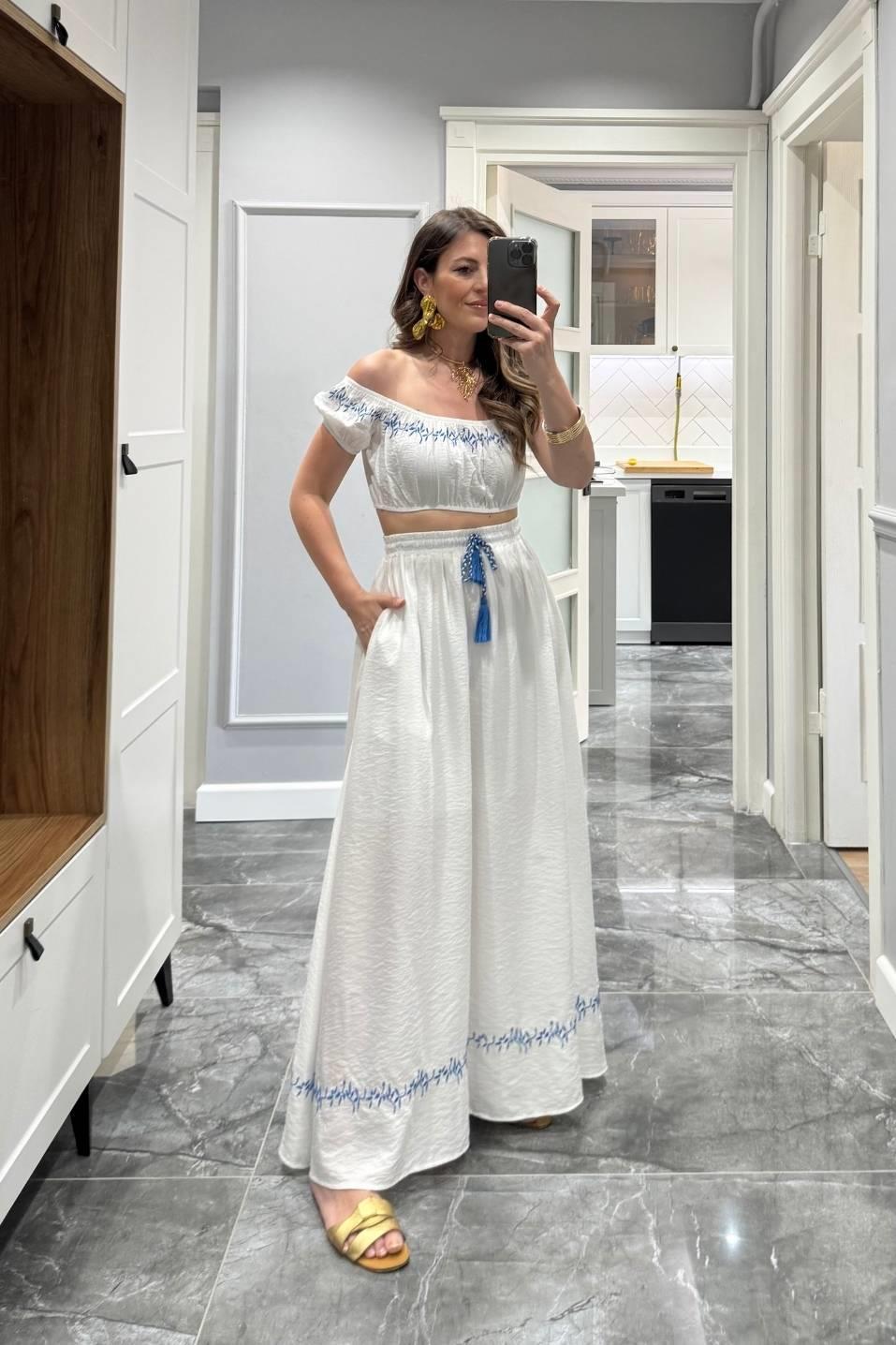 Nakış Detaylı Balon Kol Crop Bluz Ekru
