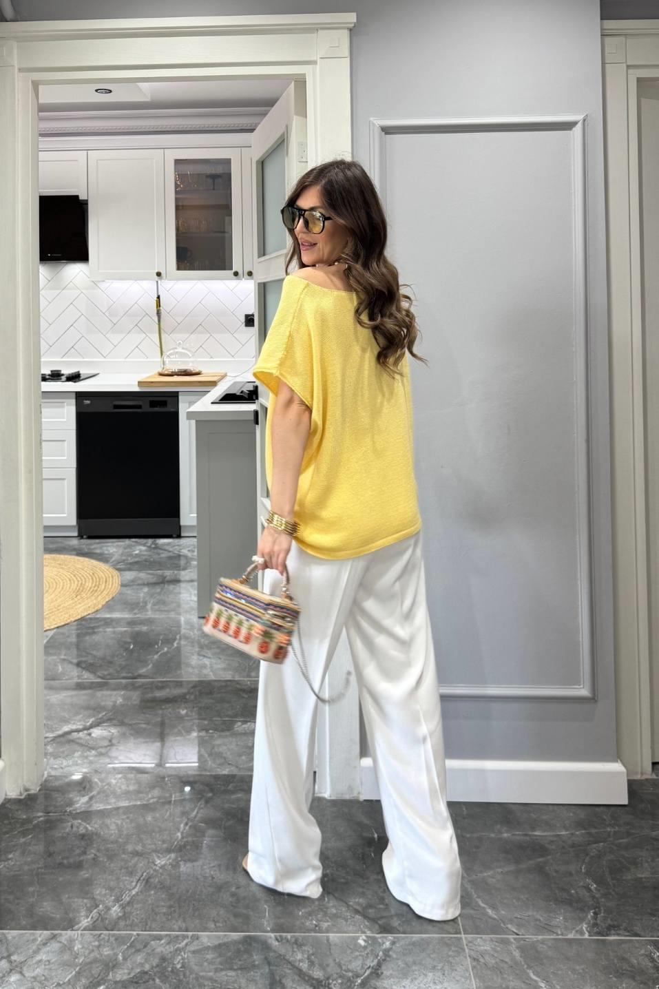 Oversize Kolsuz Yazlık Triko Bluz Sarı
