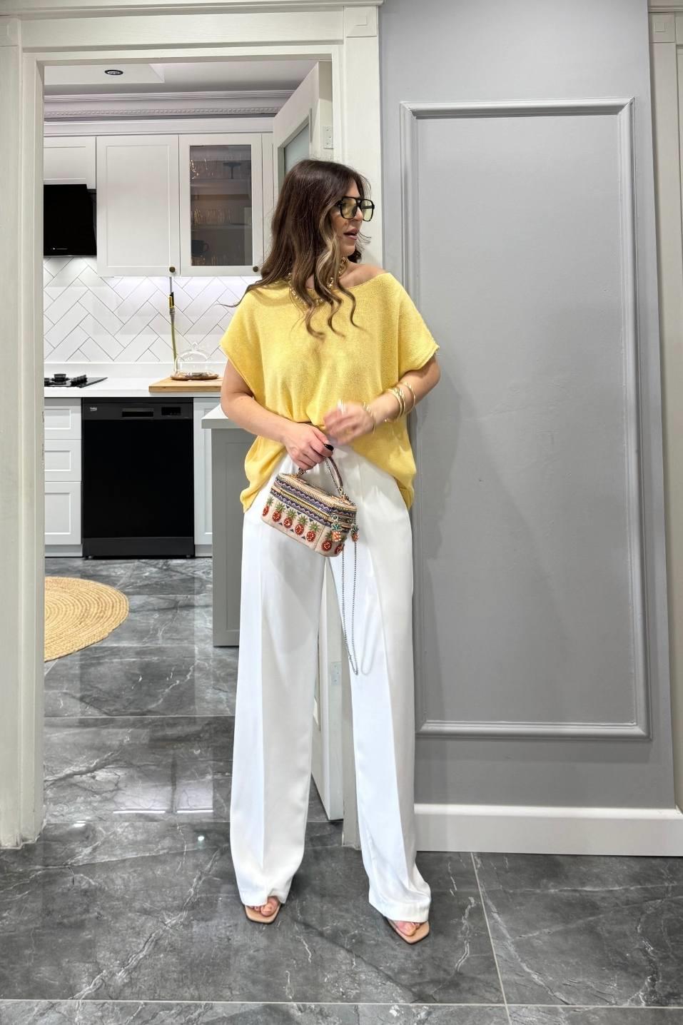 Oversize Kolsuz Yazlık Triko Bluz Sarı