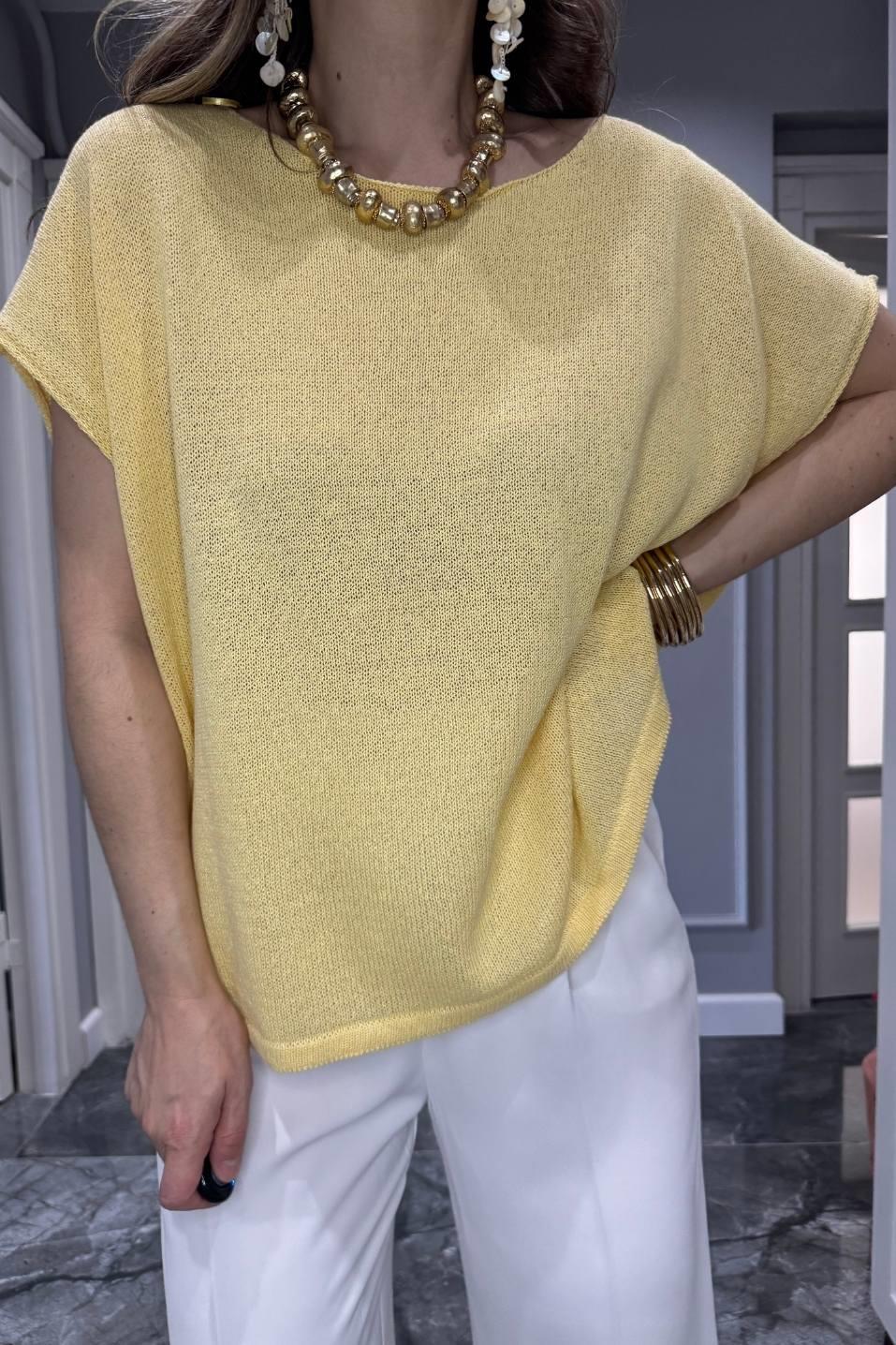 Oversize Kolsuz Yazlık Triko Bluz Sarı