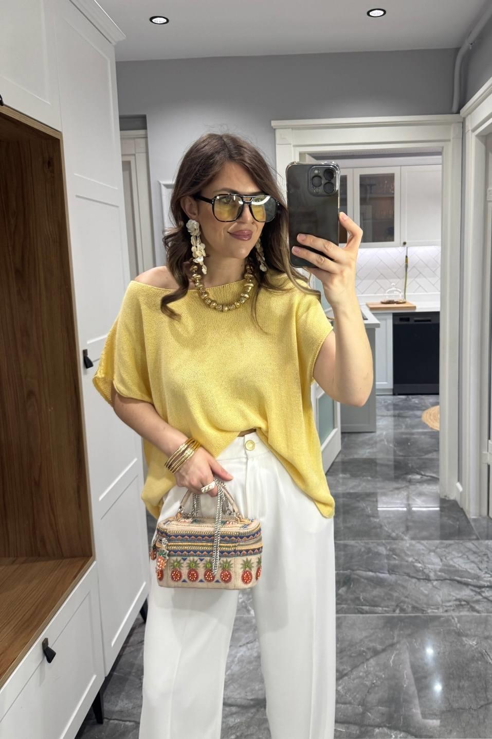 Oversize Kolsuz Yazlık Triko Bluz Sarı