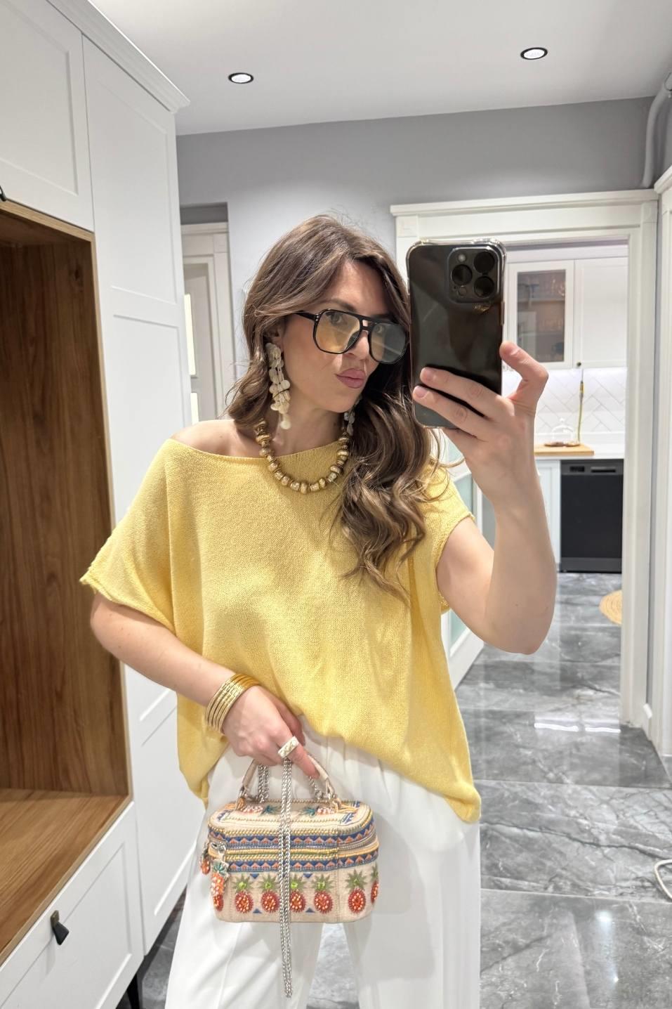 Oversize Kolsuz Yazlık Triko Bluz Sarı