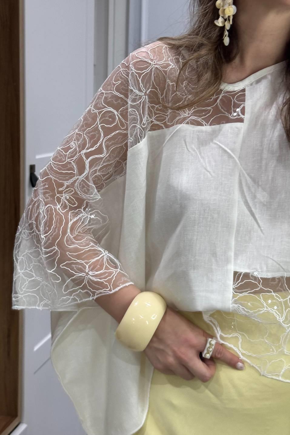 Oversize Tül ve Pul Detaylı Tasarım Keten Bluz Beyaz