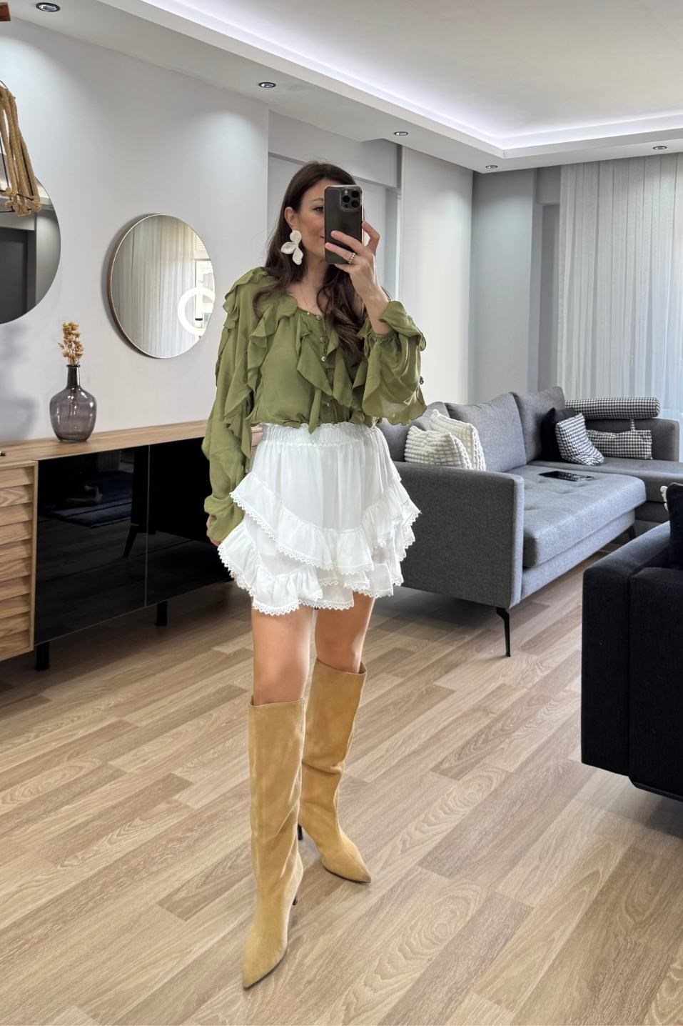 Reva Fırfır Detaylı Gömlek Bluz Haki Yeşil