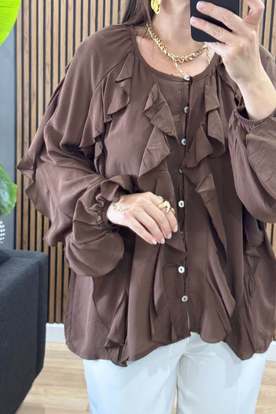 Reva Fırfır Detaylı Gömlek Bluz Kahverengi