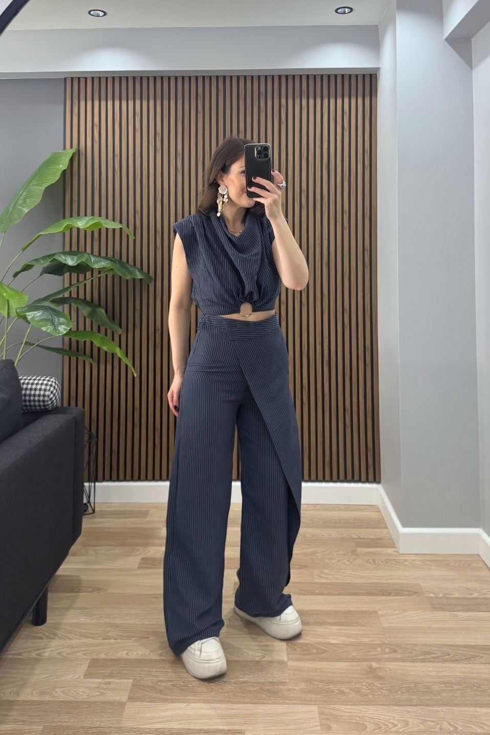 Toka Detaylı Çizgili Premium Bluz Lacivert