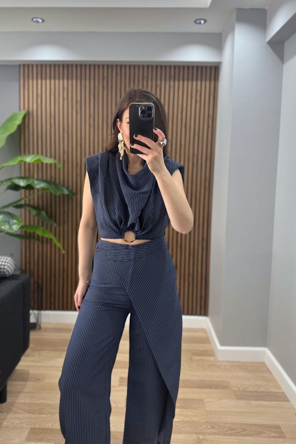 Toka Detaylı Çizgili Premium Bluz Lacivert