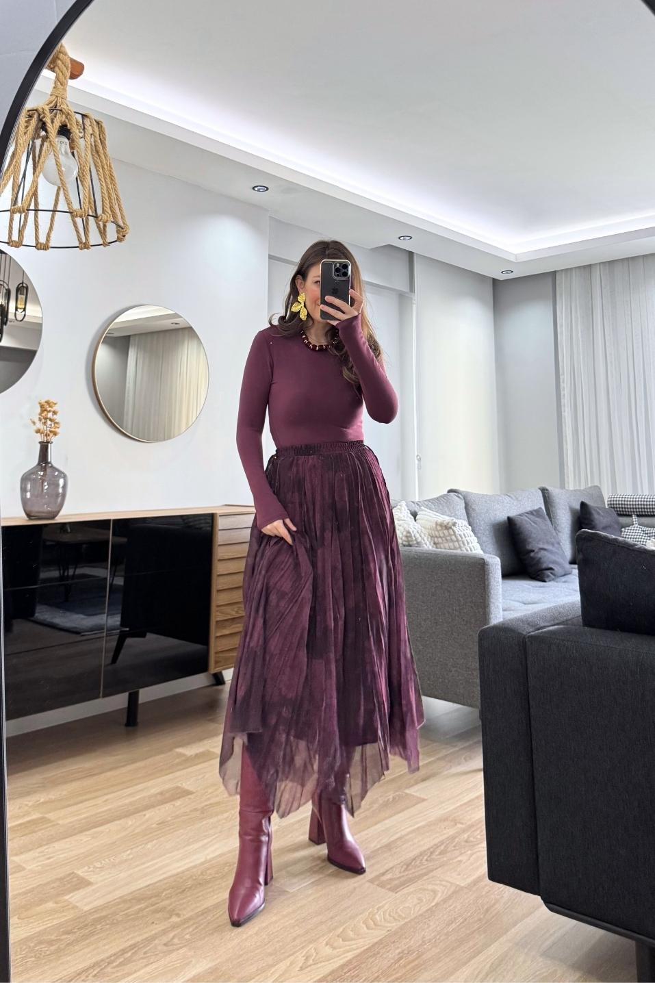 Uzun Kollu Basic Bluz Bordo