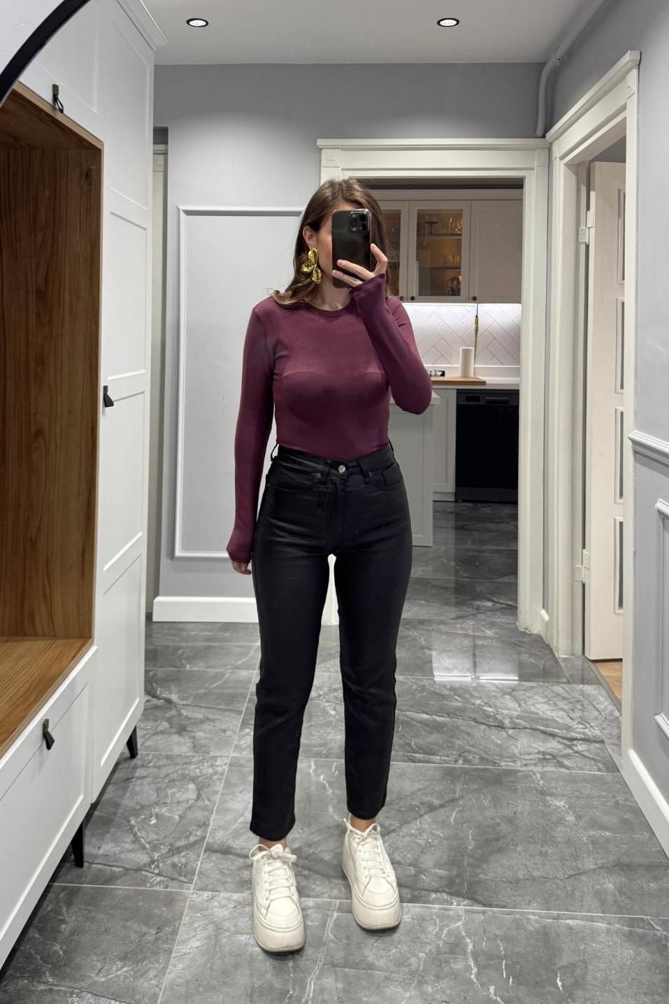 Uzun Kollu Basic Bluz Bordo