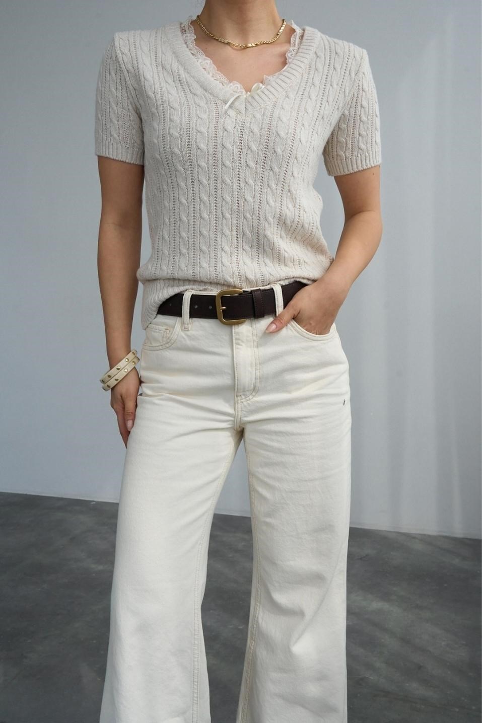 V Yaka Dantelli Triko Bluz Krem