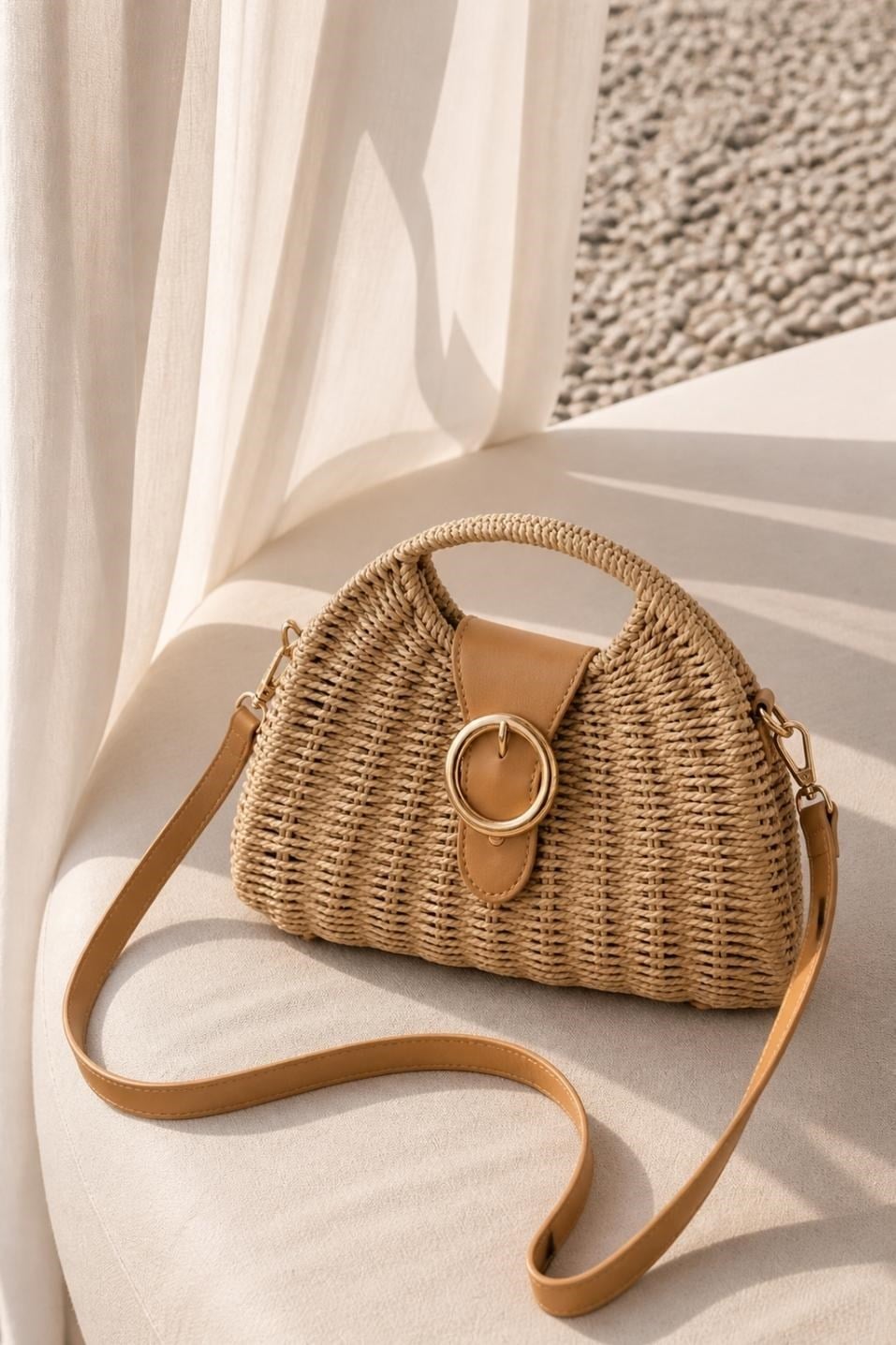 Halka Tokalı Mini Hasır Çanta Camel