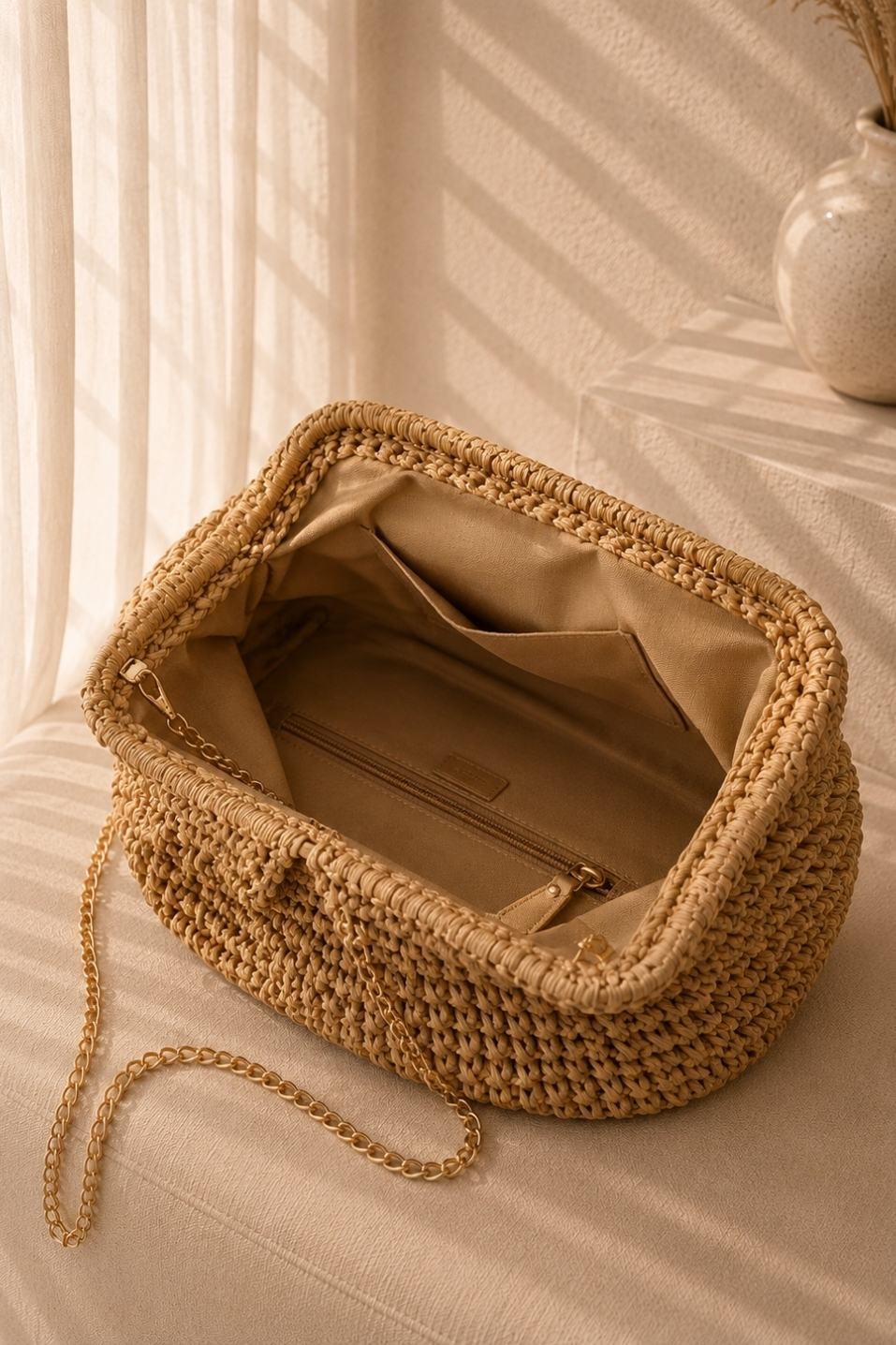 Hasır Örgü Clutch Çanta Camel