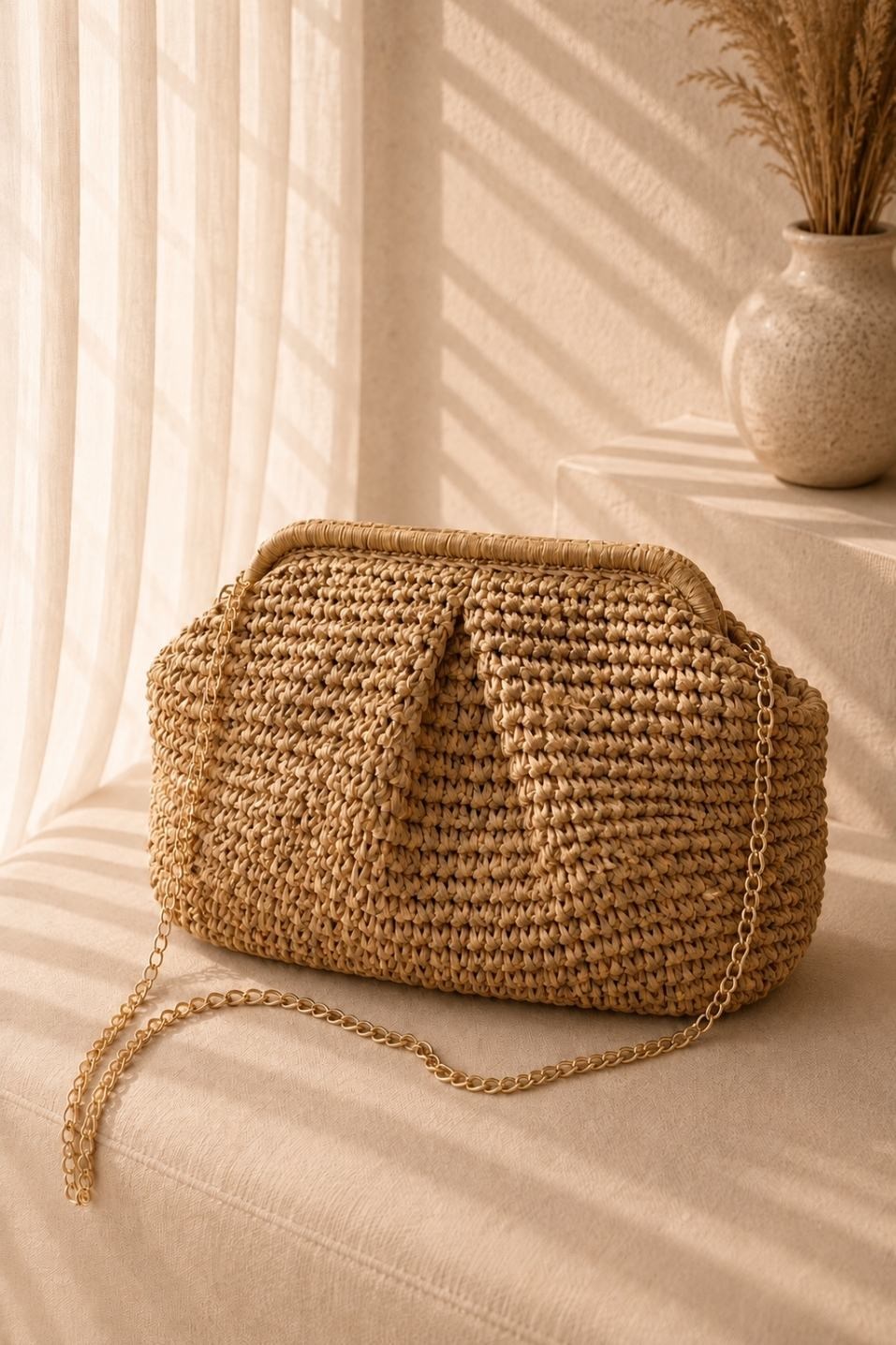 Hasır Örgü Clutch Çanta Camel