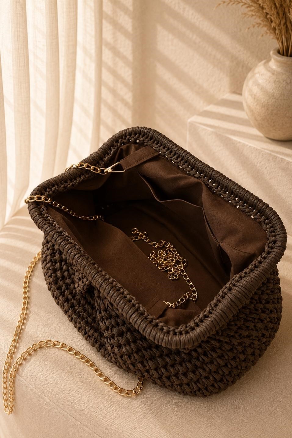 Hasır Örgü Clutch Çanta Kahverengi