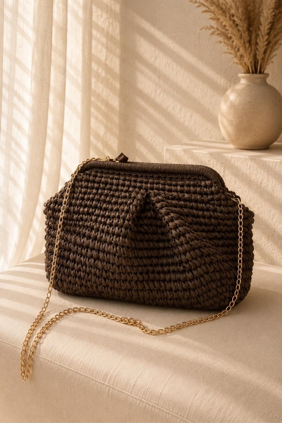 Hasır Örgü Clutch Çanta Kahverengi