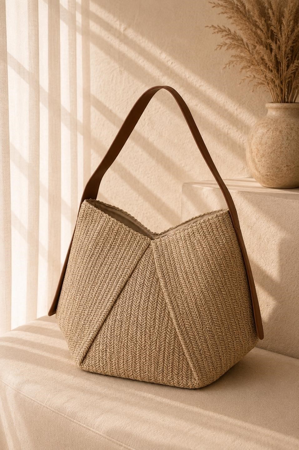 Örgü Gövdeli Tote Çanta Camel