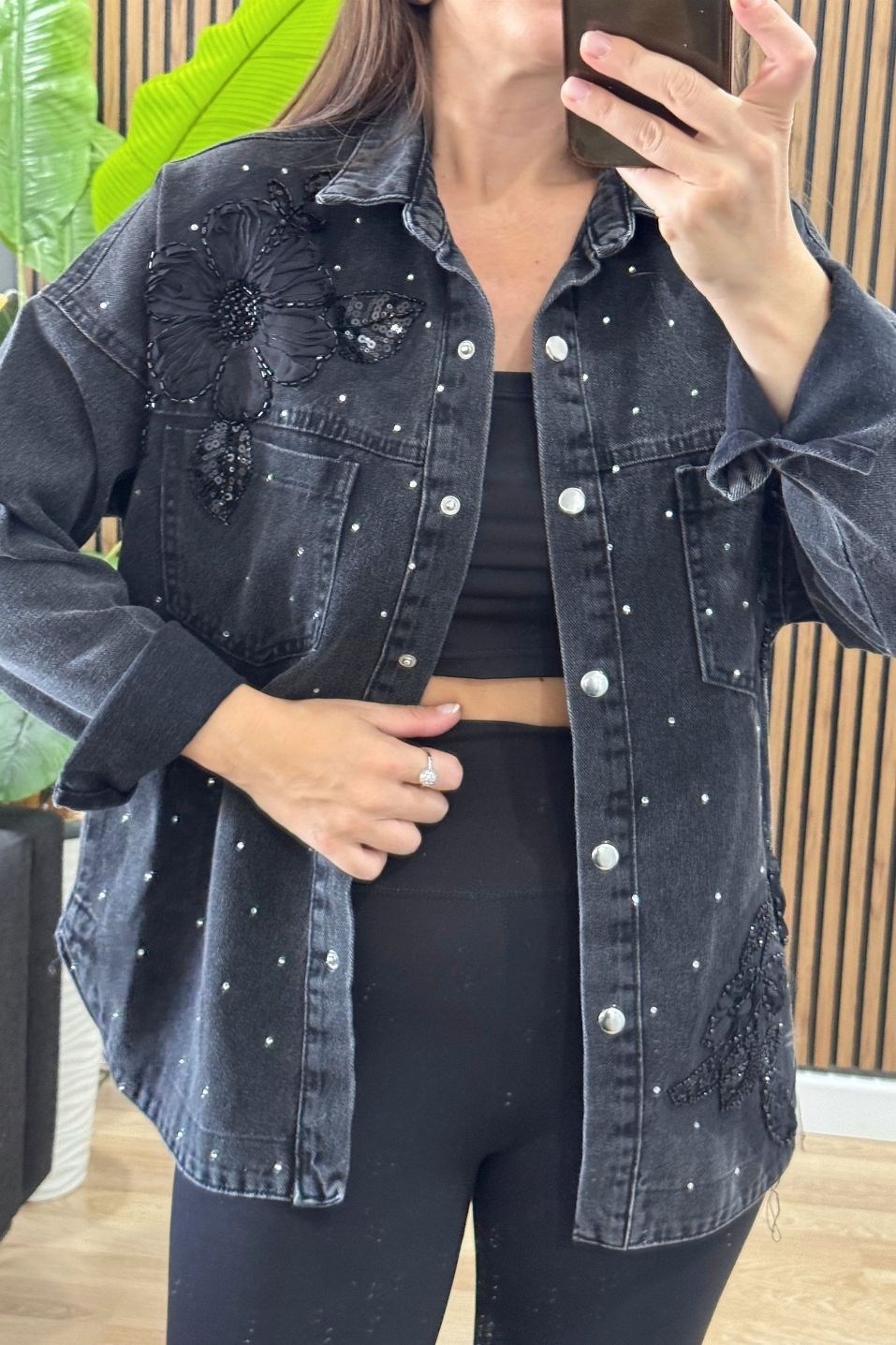 Aplikeli Denim Ceket Siyah
