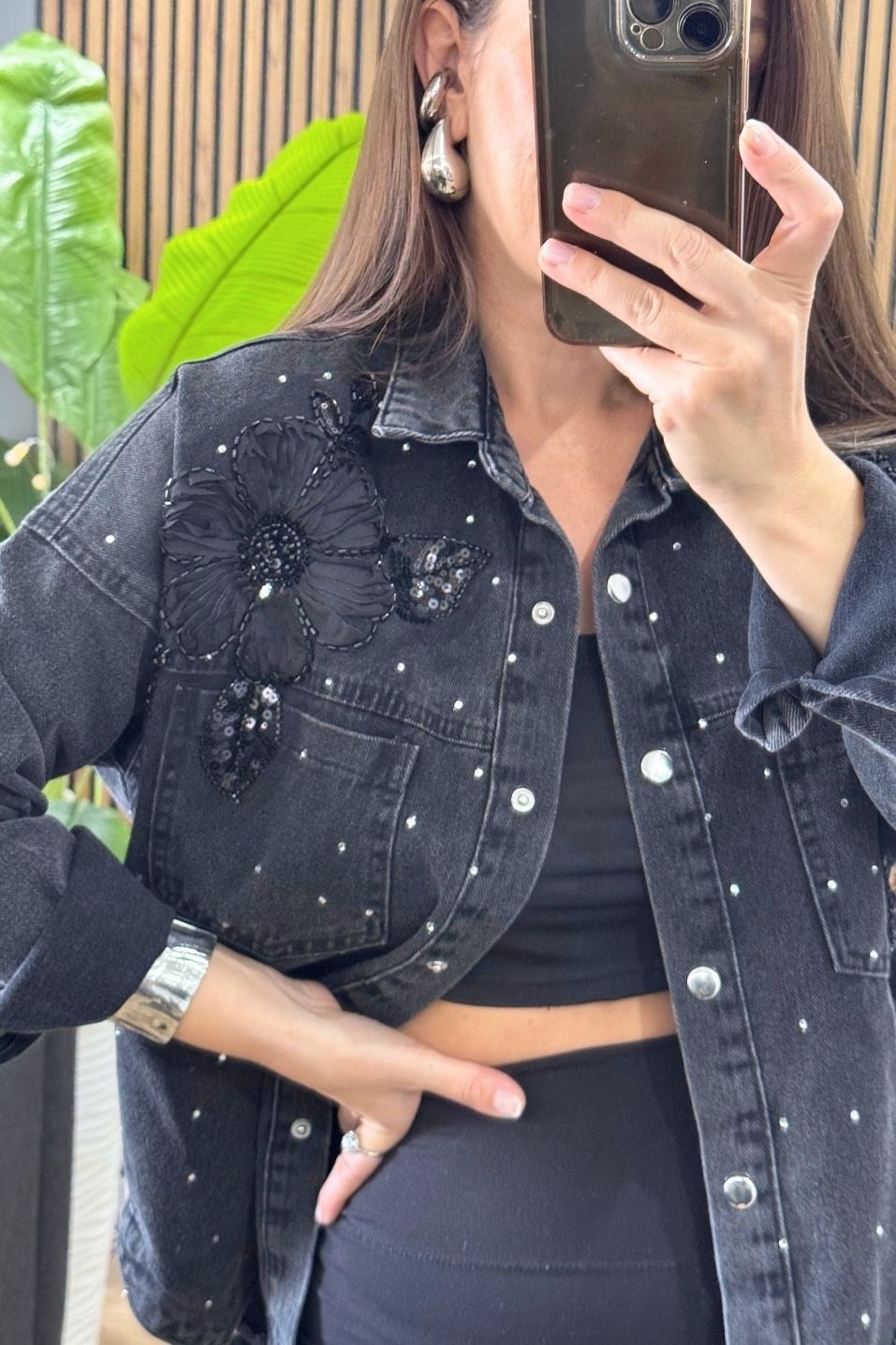 Aplikeli Denim Ceket Siyah