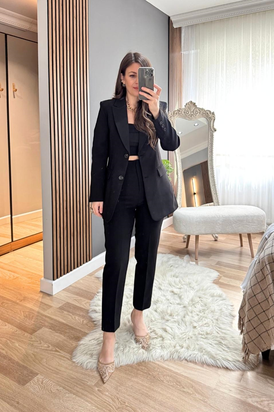 Belden Oturtmalı Astarlı Blazer Ceket Siyah